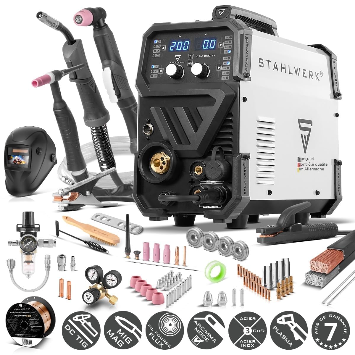 STAHLWERK Poste à souder combiné 4-en-1 CTM-250 ST – Kit complet – TIG, MIG/MAG, MMA (ARC), FLUX (fil fourré) jusqu'à 200 A, CUT (plasma) jusqu'à 45 A, capacité de coupe jusqu'à 14 mm
