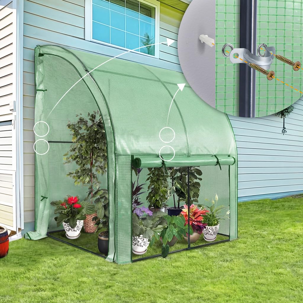 VOUNOT® Invernadero Jardín Inclinado Invernadero de Pared Respaldado, Invernadero Túnel Semicircular Plantas Verduras Flores, Cubierta PE Impermeable 135g/m² para Balcón y Terraza 200x100x180cm Verde