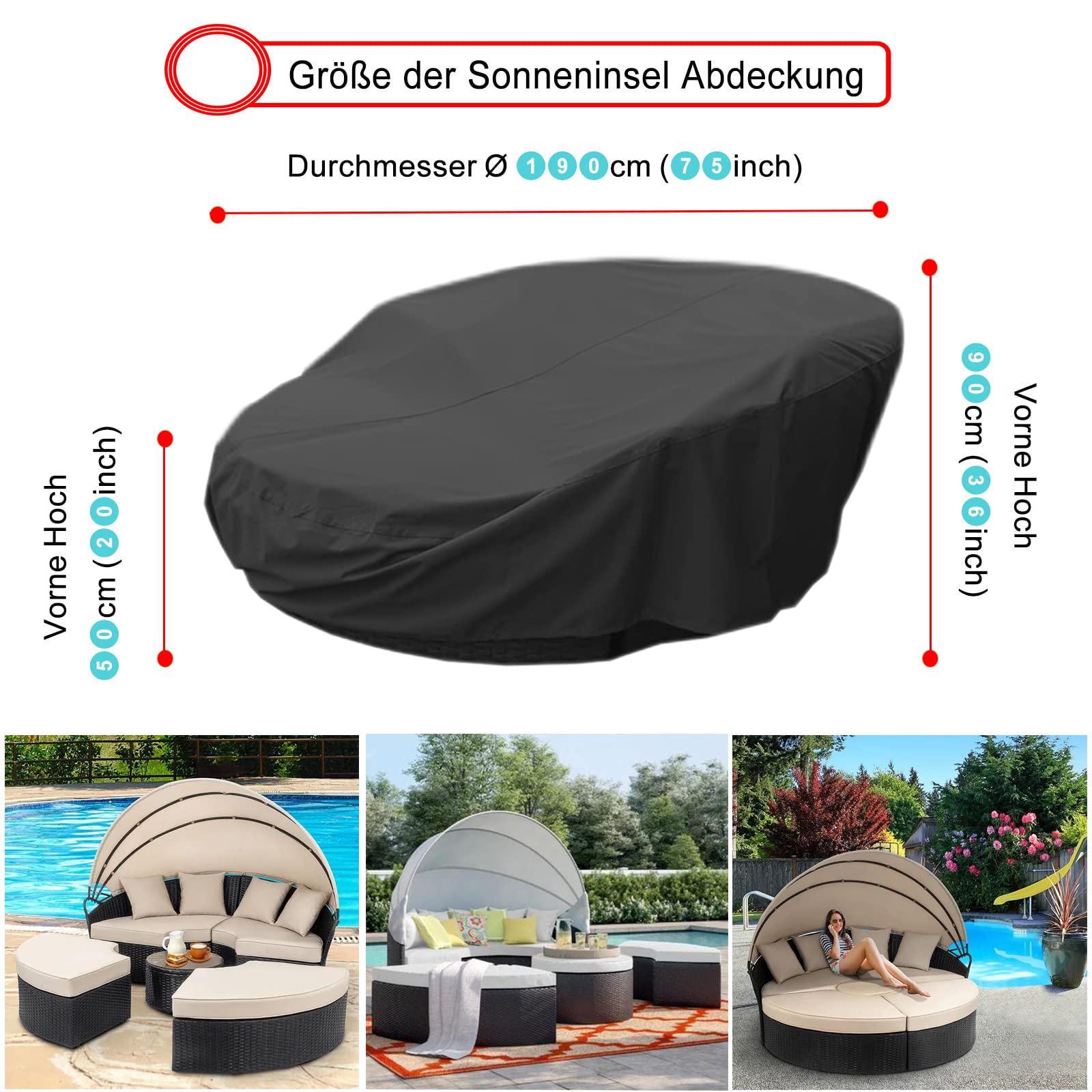 Sonneninsel Abdeckung, 600D Sonneninsel Schutzhülle Wasserdicht, Sonneninsel Abdeckhaube mit Schnallenriemen, Gartenmöbel Abdeckung für Garteninsel und Gartenmuschel - Schwarz (Ø190cm)