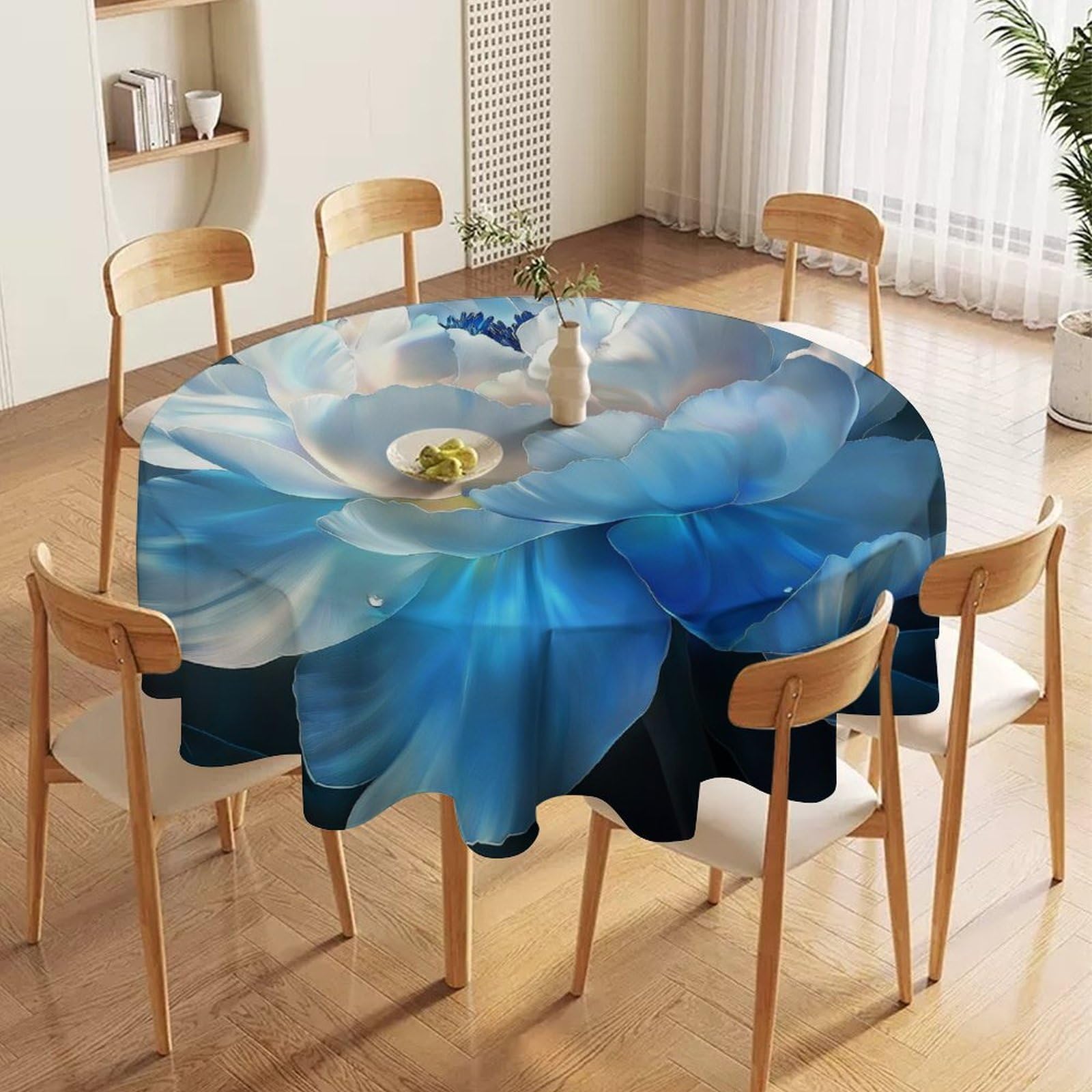 ORDOBO 3D Print Round Tablecloth - Blue Flowers Fashion Waterproof Dust-Proof Table Cover For Dinner Kitchen Holiday Home Protect Table Decoration 152X152Cm