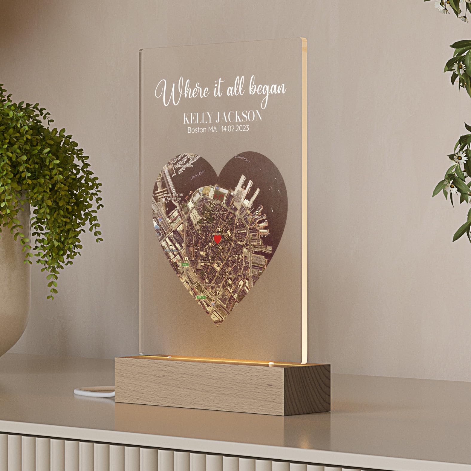 Where It All Began - Placa de mapa satelital personalizada | Regalo personalizado para parejas con nombres y coordenadas | Luz nocturna LED romántica para decoración del hogar | Recuerdo de amor único