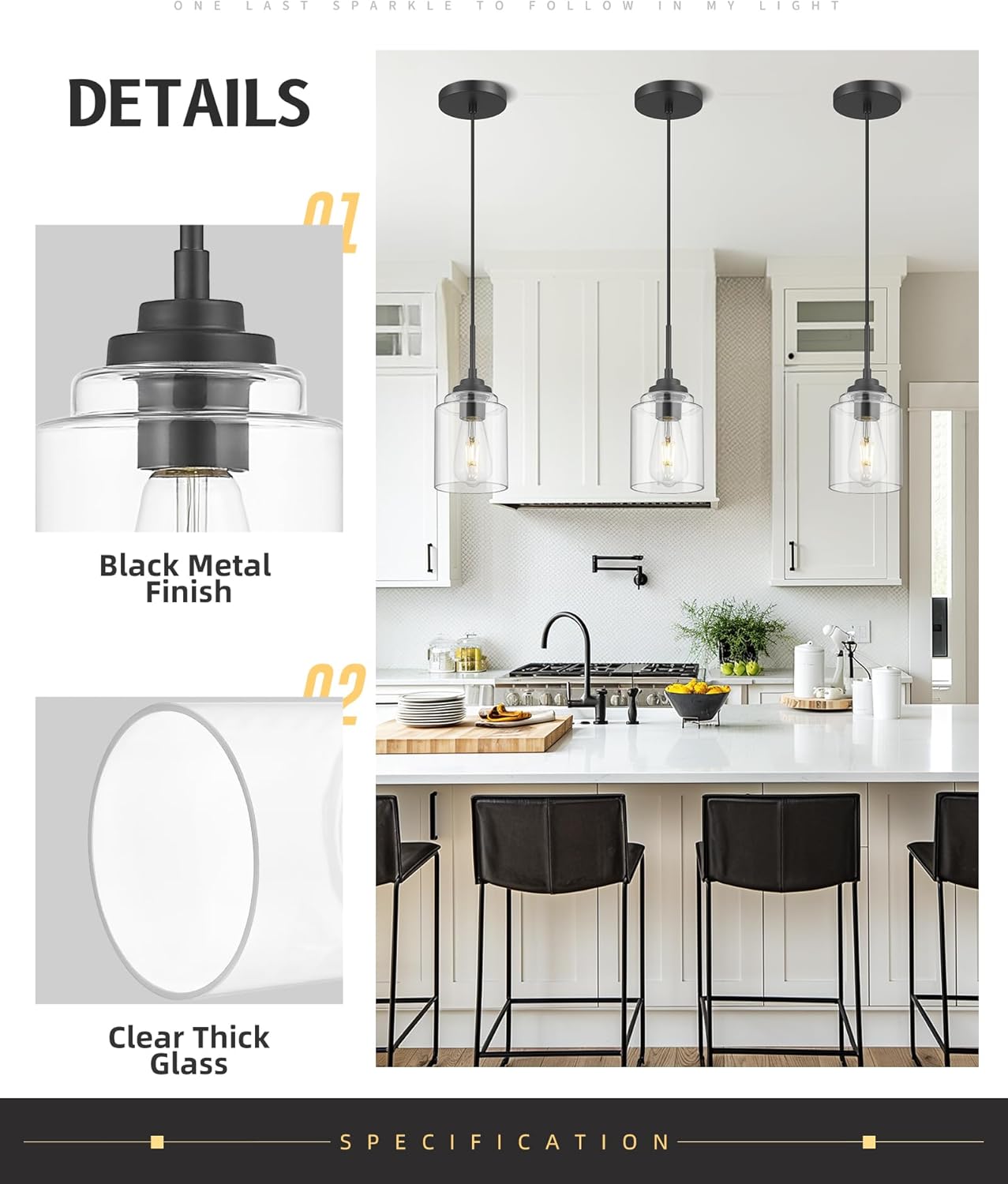 Pendant Light Components: Black Metal Finish and Clear Thick Glass