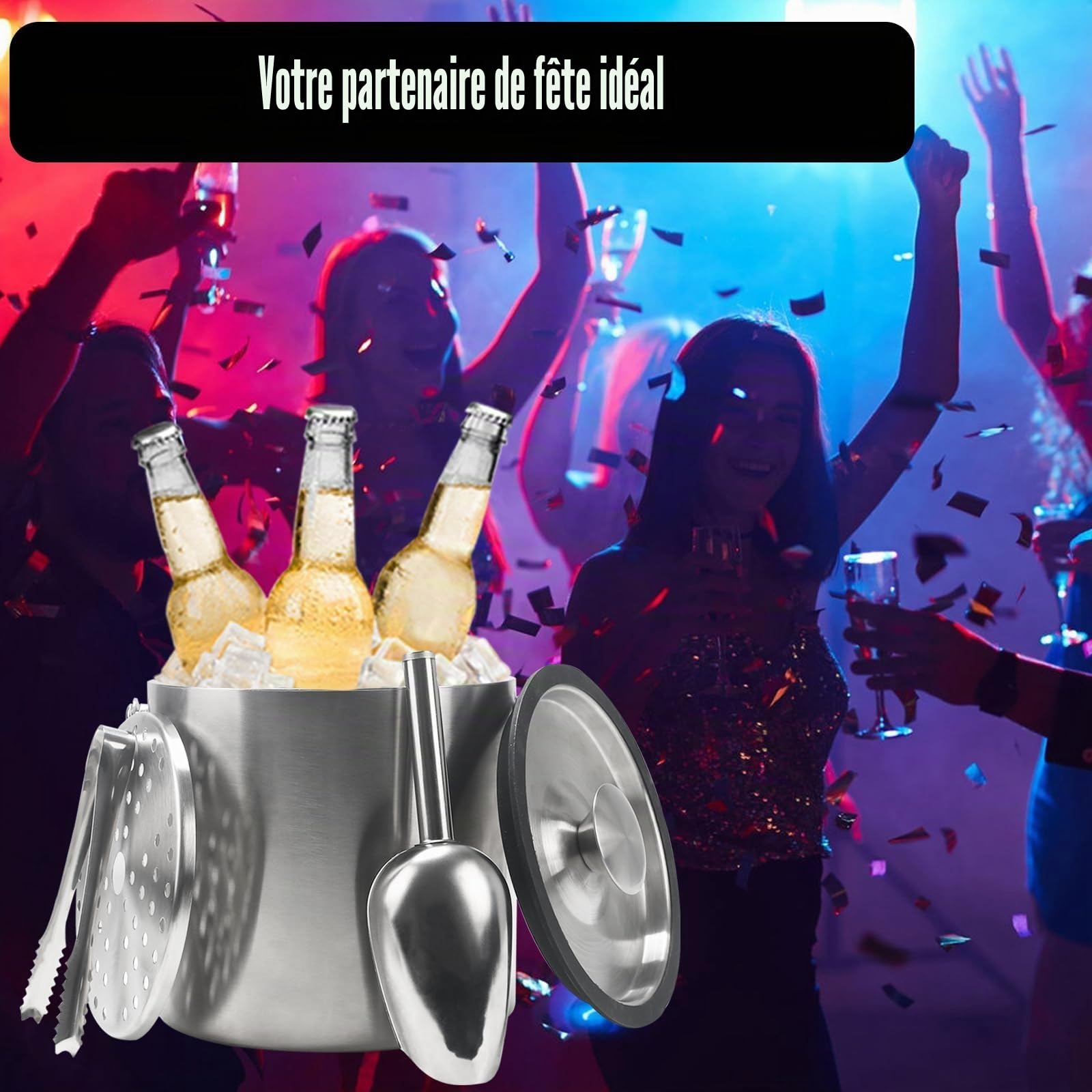 4L Seau a Glacon Sceaux à Glace et Rafraîchisseur Double Paroi | Seau a Champagne Seau à Glaçons Isotherme en Acier Inoxydable avec Couvercle Pince Pelle et Passoire pour Champagne Vin Bière