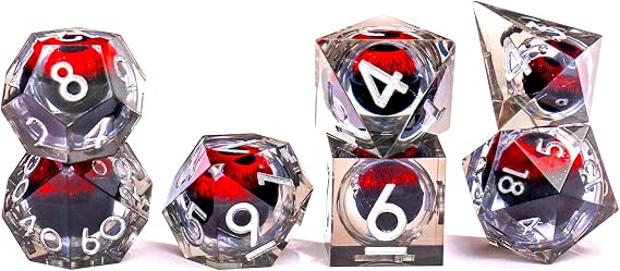 Beholder's Dragon Eye DND Dice Set Liquid Core Cateye Sharp Edge Resin Dice for Dungeons & Dragons 7pcs RPG Polyhedral MTG Role Playing D20 D12 D10 D8 D6 D4 D4 Dice with Gift Box Red Dark