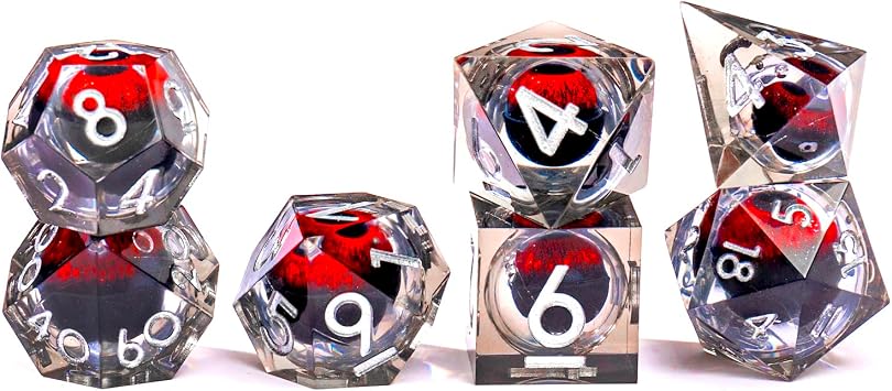 Beholder's Dragon Eye DND Dice Set Liquid Core Cateye Sharp Edge Resin Dice for Dungeons & Dragons 7pcs RPG Polyhedral MTG Role Playing D20 D12 D10 D8 D6 D4 D4 Dice with Gift Box Red Dark