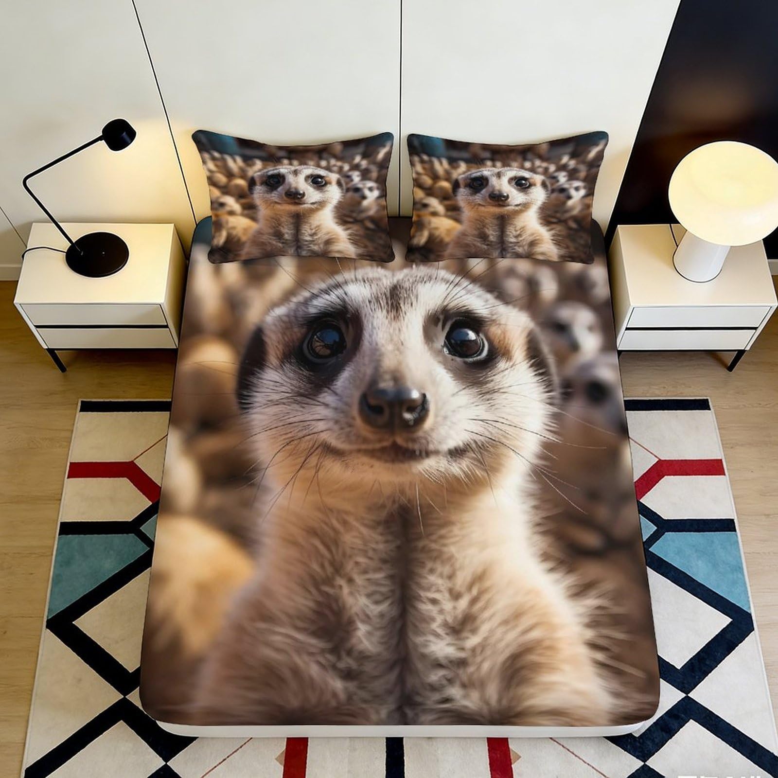 3D Printed Meerkat Pattern Fitted Sheet Microfiber Soft Breathable Meerkat Image Mattress Cover for Bedroom Dormitory Guest Room Mattress Protection 140x200x25cm