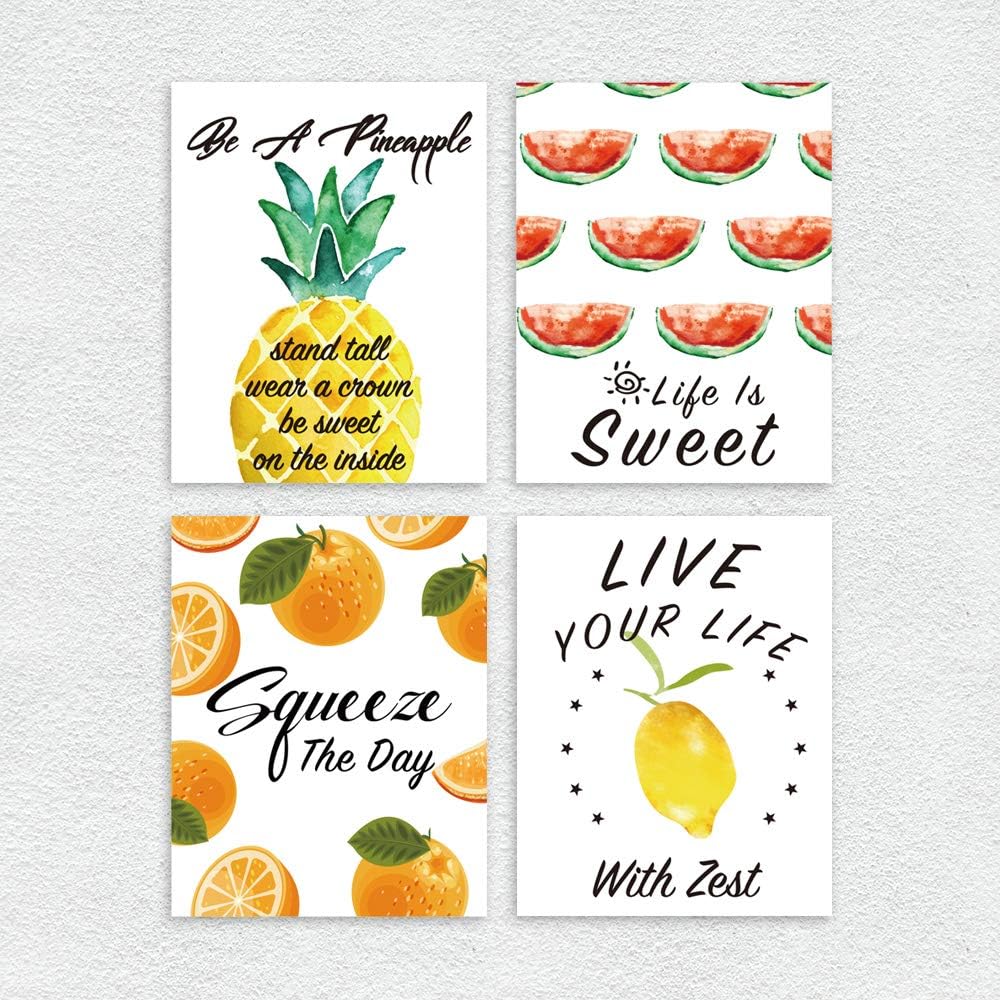 Ihopes Modern Wall Art Prints Decor - Set of Four 8x10 Unframed - Funny Fruit Art Sign with Positive Quotes Pineapple/Orange/Lemon/Watermelon Posters - Perfect for Kitchen/Living Room/Home Decor