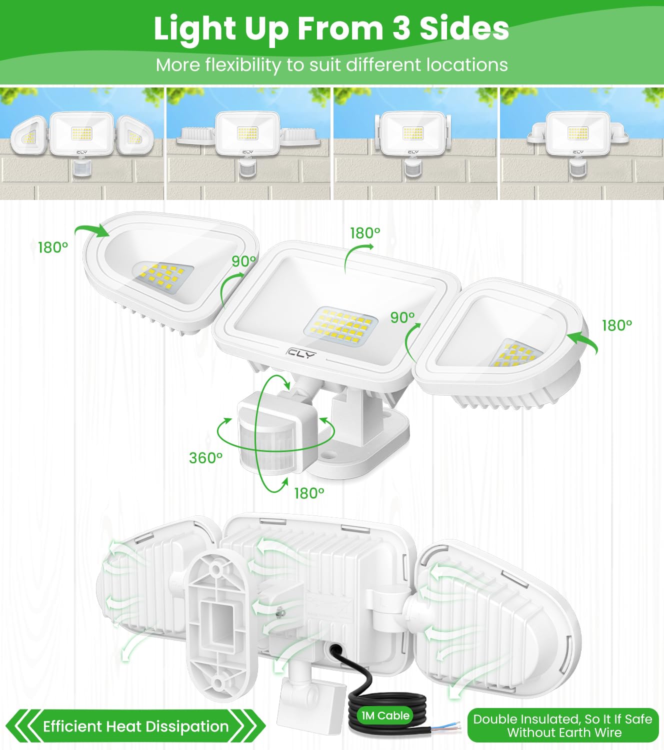 CLY Faretto Led Da Esterno Con Sensore Di Movimento 42W 3600LM | Faretti Led 3 Teste Fari LED Esterno Con Telecomando Bianca Fredda Faro Led Da Esterna IP66 Impermeabile Per Cortile Garage