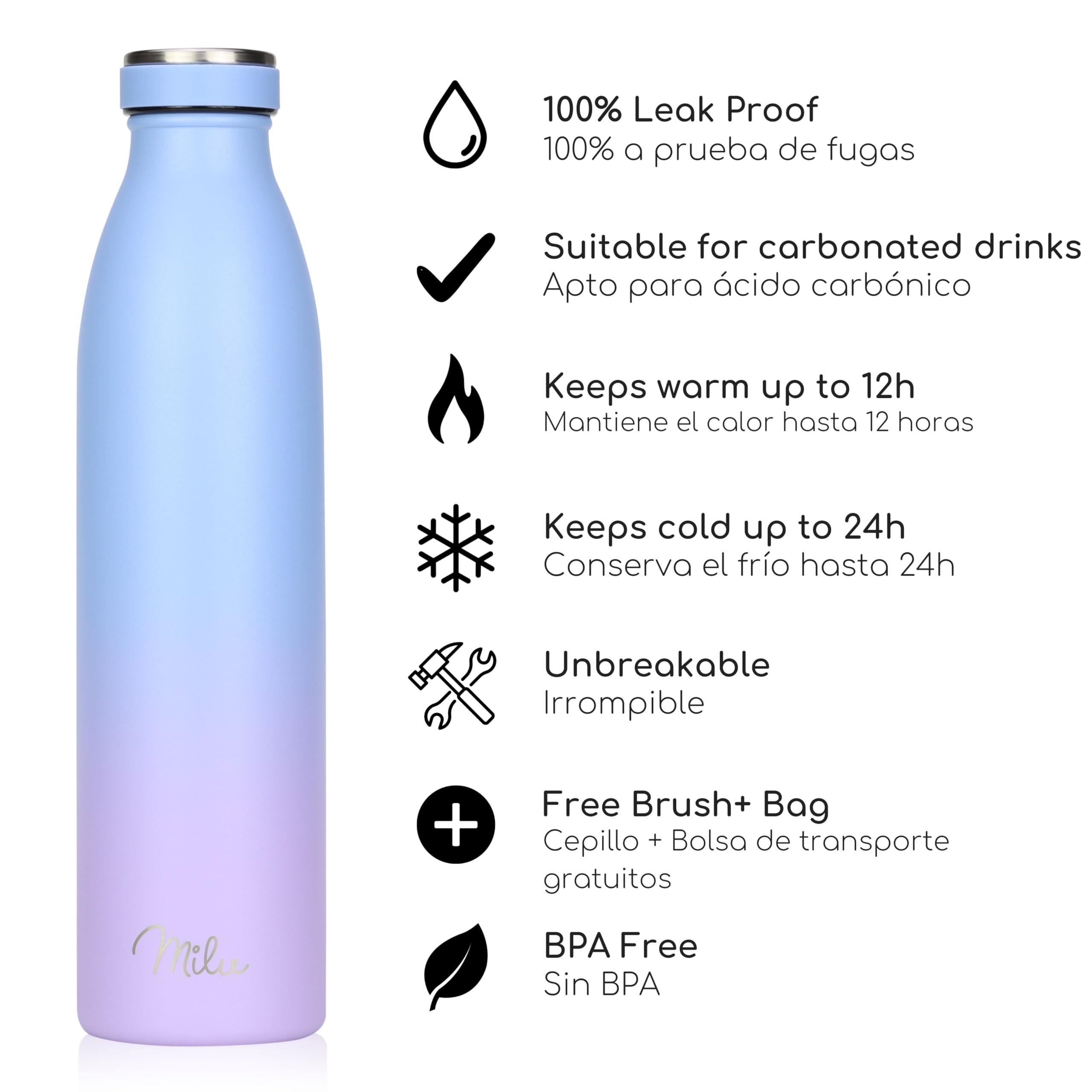 Milu Botella de acero inoxidable de 350ml 500ml 750 ml 1 L 1,5 L botella de agua aislada, termo a prueba de fugas, doble pared, apta para ácido carbónico + cepillo de limpieza (Azul Violeta, 350ml) — view 14