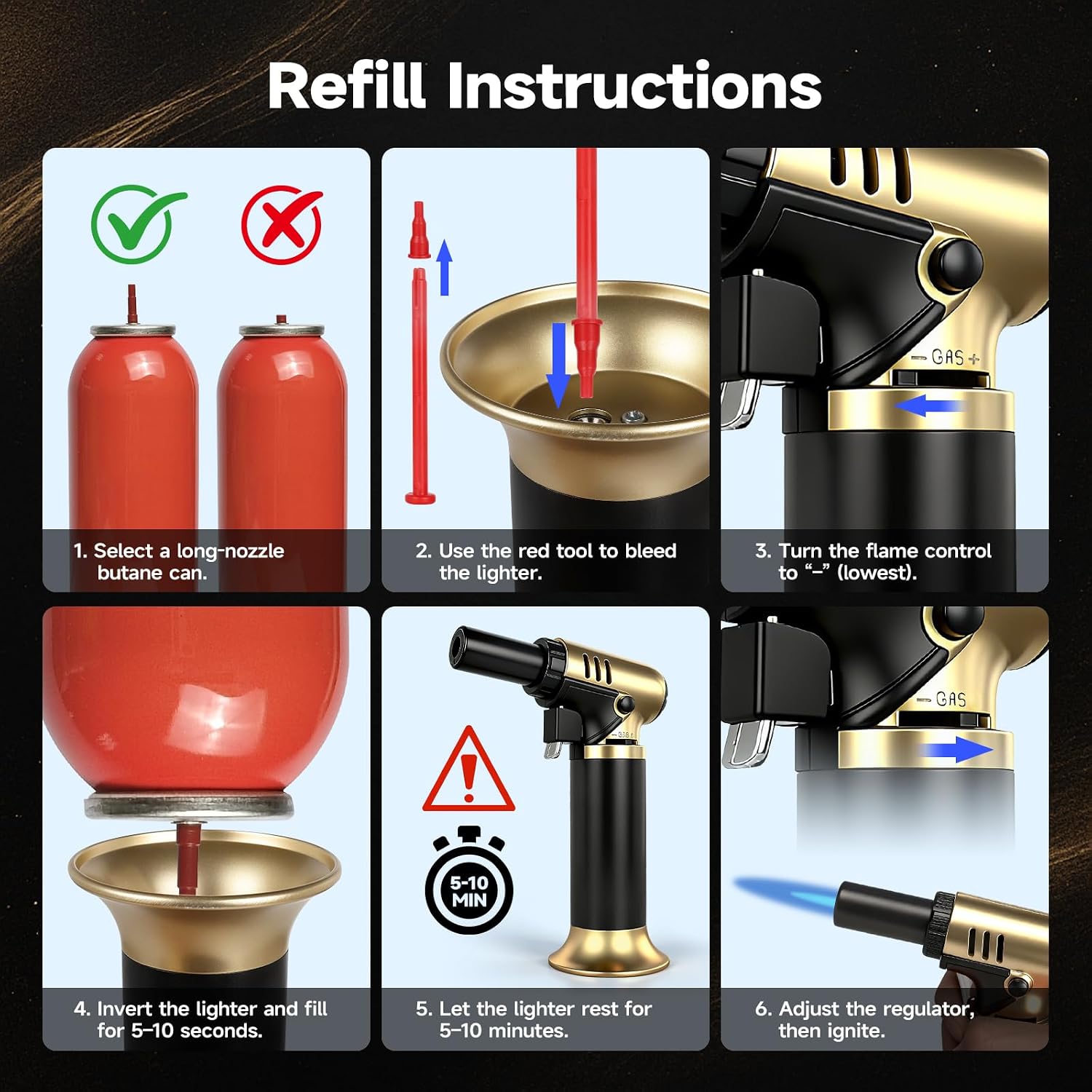 Kitchen Butane Torch Lighter, Refillable Jet Flame Torch with Fuel Gauge, Continuous Flame Lock & Base Stand for Cooking, Baking, Creme Brulee, Camping, Soldering, (Gold) (Butane Not Included)