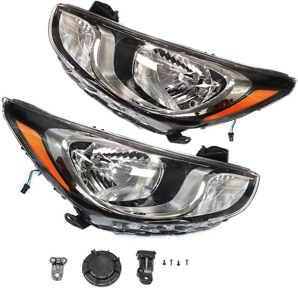 For 2012 2013 2014 Hyundai Accent Halogen Headlights, Headlight Assembly Black Shell Transparent Lens, Left Driver + Right Passenger Side (Left and Right Side)
