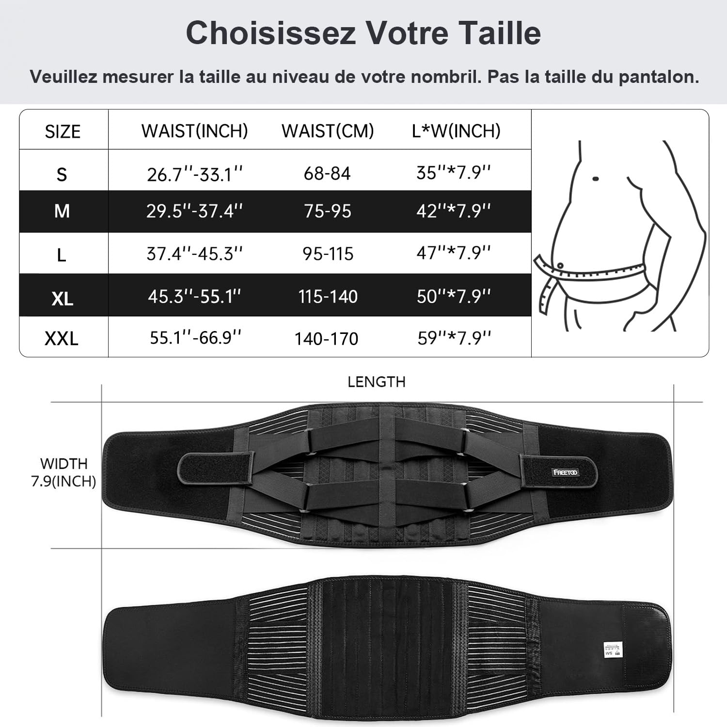 FREETOO Ceinture de Soutien Lombaire Maintenir Bien Les Lombaires et Le Dos Soulage la Douleur 4 Ressorts Soutien Sangle Double Réglable pour Homme et Femme,XL,Noir
