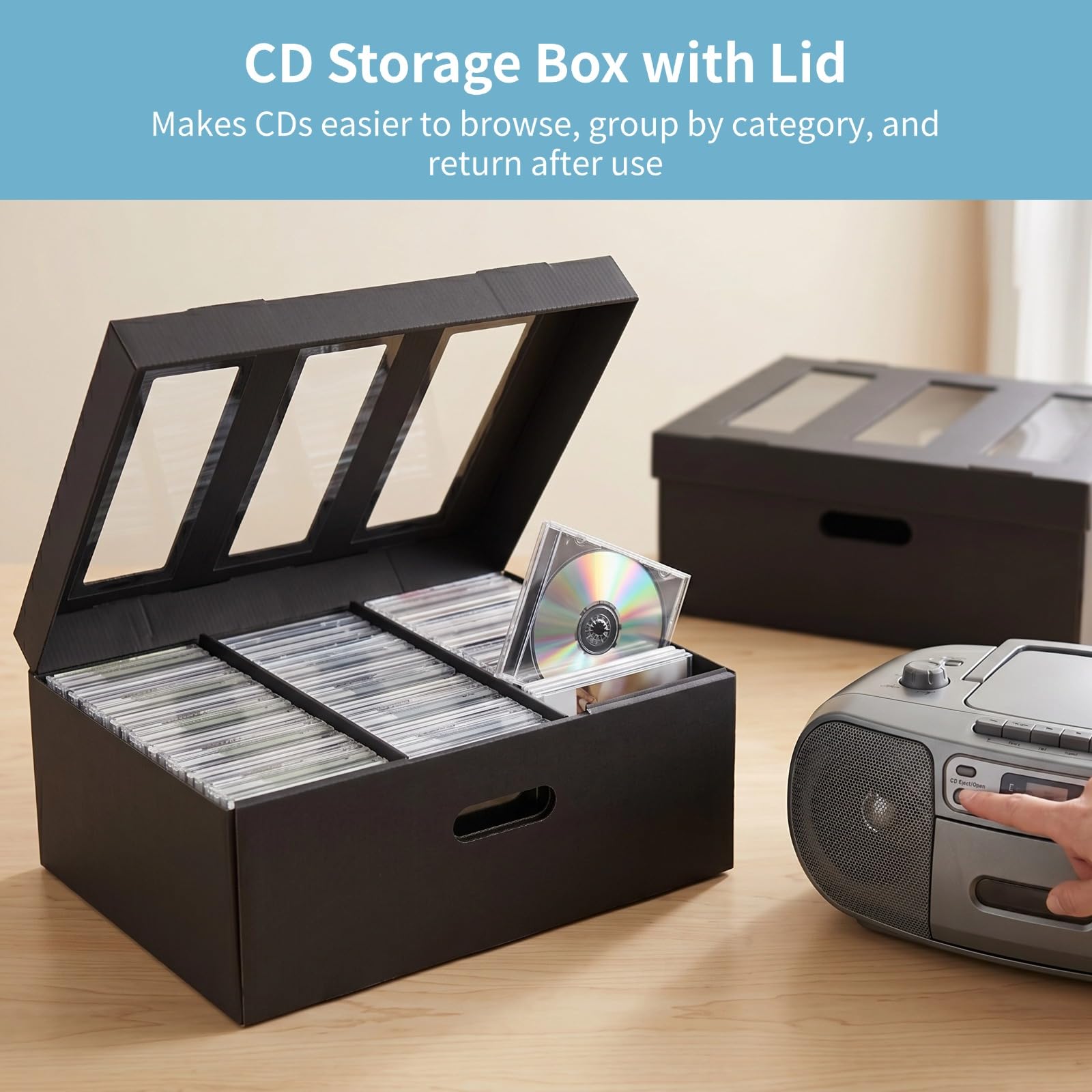 Scatole per CD, 5 custodie impilabili per CD con coperchio, porta CD a 3 scomparti con finestra trasparente, può contenere 450 custodie per gioielli, 41,2 x 31,7 x 15 cm