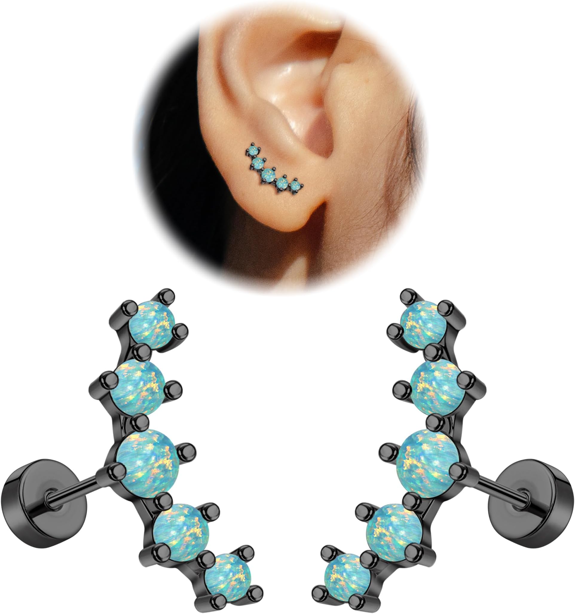 EnticeraEnticera 16G Opal Cartilage Earrings for Women 14K Gold Stainless Steel Flat Back Stud Earrings for Sensitive Ear Handmade Cartilage Screw Back Helix Conch Piercing Jewelry (Opal, Black)