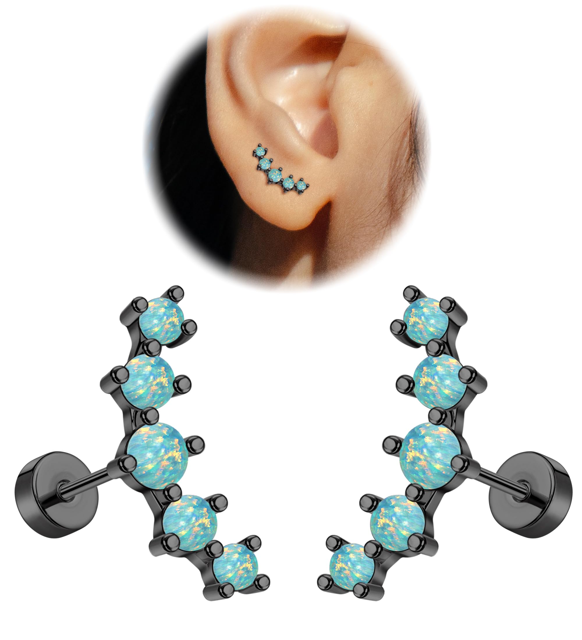 EnticeraEnticera 16G Opal Cartilage Earrings for Women 14K Gold Stainless Steel Flat Back Stud Earrings for Sensitive Ear Handmade Cartilage Screw Back Helix Conch Piercing Jewelry (Opal, Black)