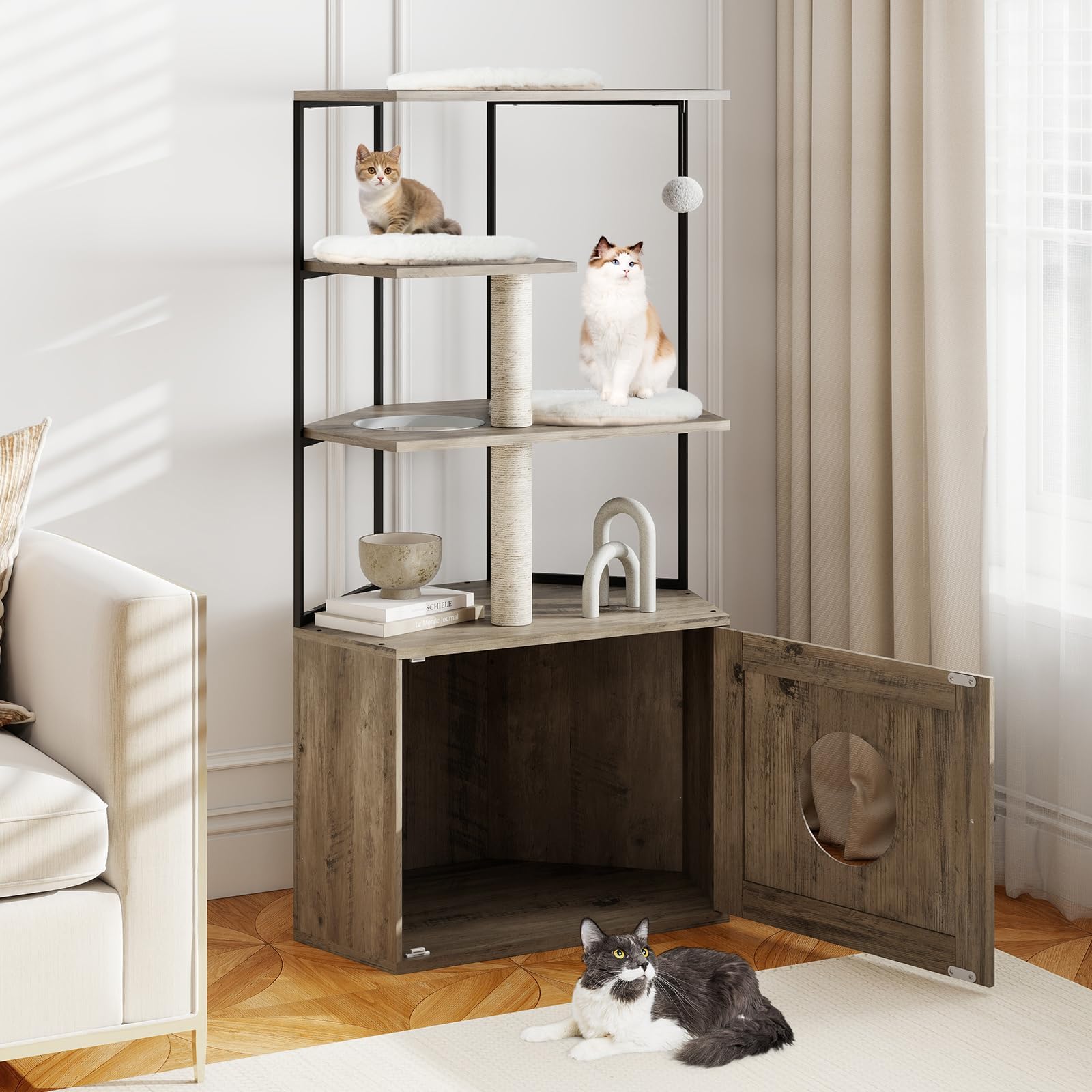 COSTWAY Kratzbaum mit Katzenklo Schrank, Katzenschrank für Katzentoilette, Katzenhaus Holz, Katzenkratzbaum mit Sisalpfosten, Plattformen, Katzenloch & Matten, Katzenbaum Katzenmöbel Katzen, Braun