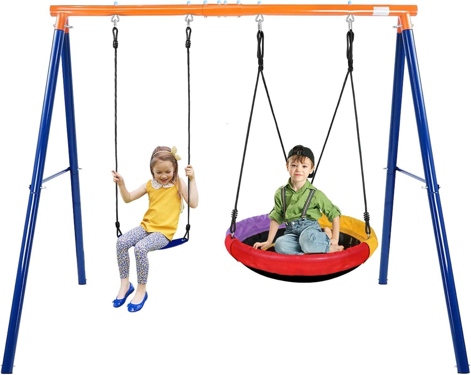 500lbs Heavy Duty Metal Swing Sets for Backyard, 2-in-1 Outdoor A-Frame with 32" Saucer Swing & 19" Belt Swing, Kids Swings Set with Stand