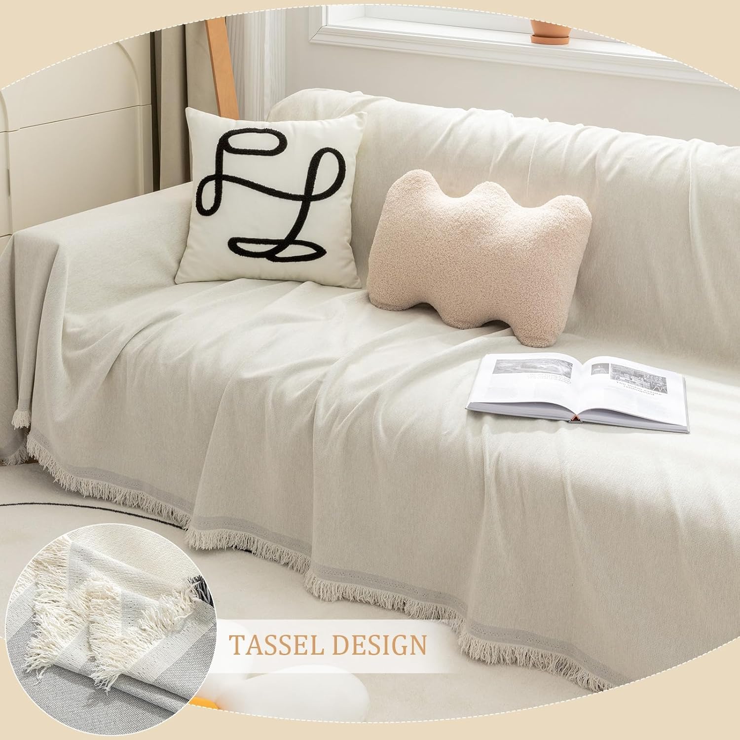 Foreate Extra Wide 91"x150" Chenille Sofa Cover Water Resistant Sofa Covers Washable Sectional Couch Covers for 2 3 Cushion, Tassel Edge Durable Couch Protector for Dogs (Beige, 91"x150")