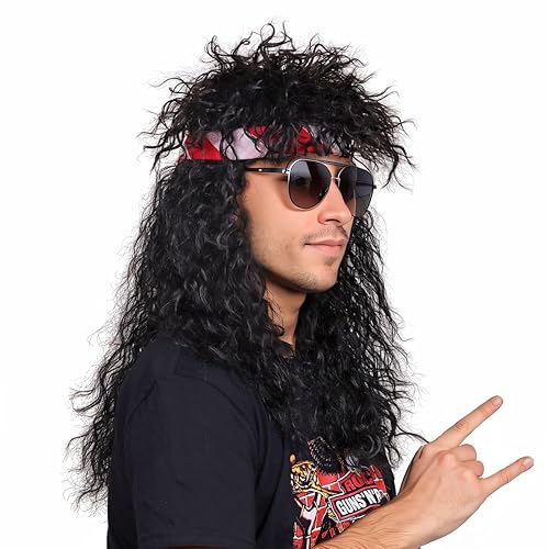 Miniatura 4 de Peluca de los años 80 con bandana para hombre, peluca negra de cosplay larga y rizada para Halloween