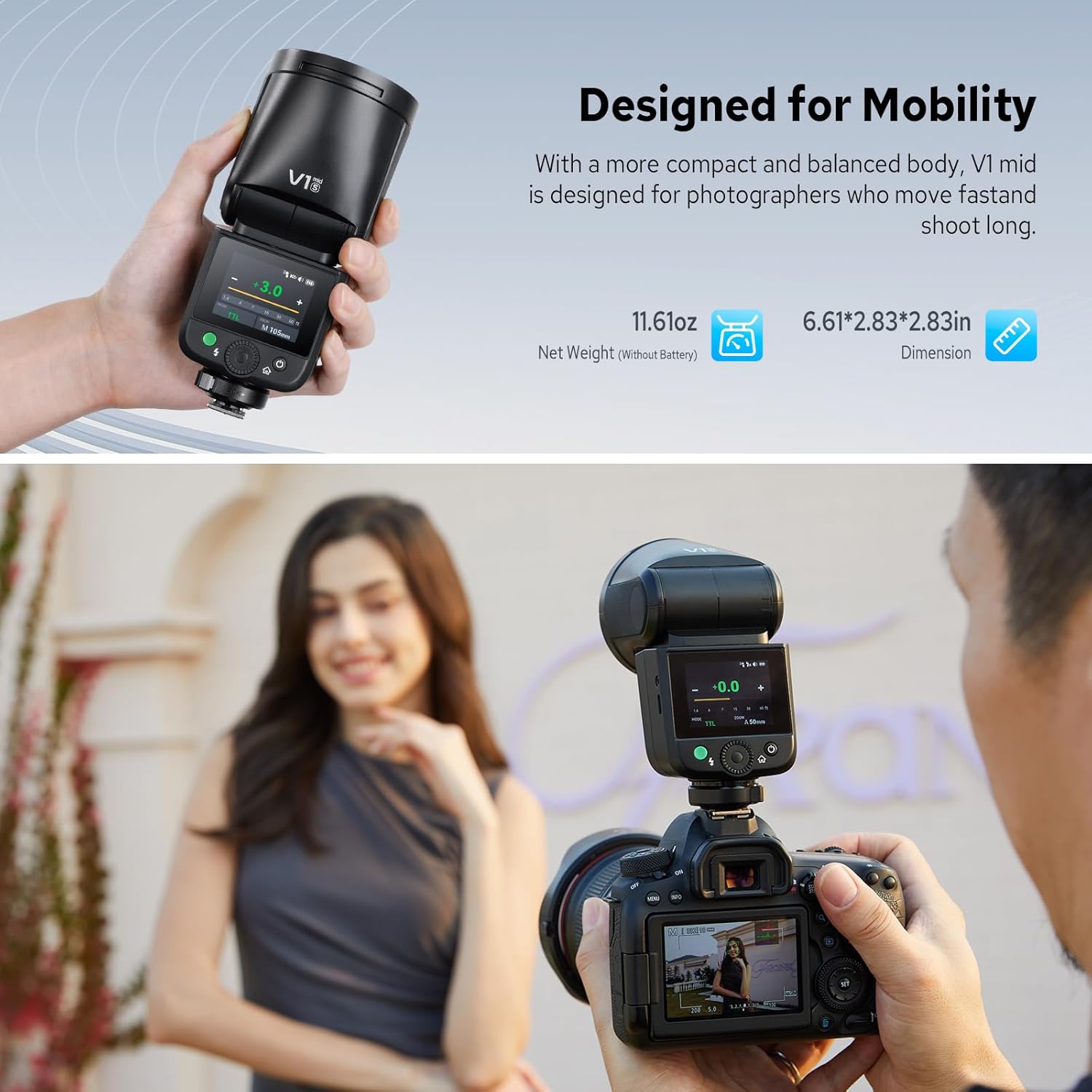 Godox V1 Mid S V1Mid S Round Head Camera Flash for Sony, 55Ws 2.4G TTL Speedlite for Sony HSS 1/8000s, 2200mAh Li-ion Battery, 650 Full Power Shots, 1.7s Recycle Time, 10 Level LED Modeling Lamp