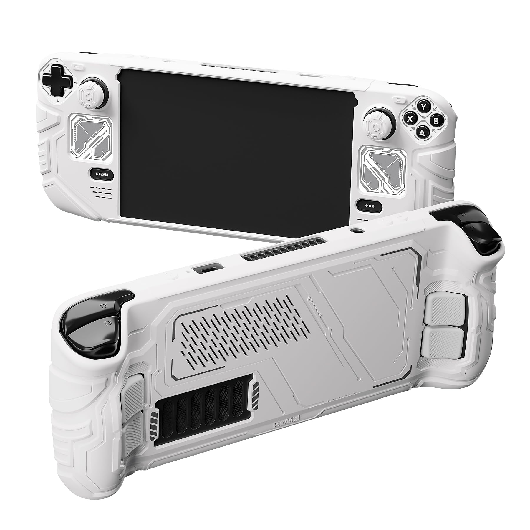 playvital Coque pour Steam Deck OLED & LCD avec Boutons Arrière & Capuchons Joystick & Autocollants,Housse Étui Silicone pour Steam Deck Accessoire Protection Antichoc Antidérapante-Blanc Mécha