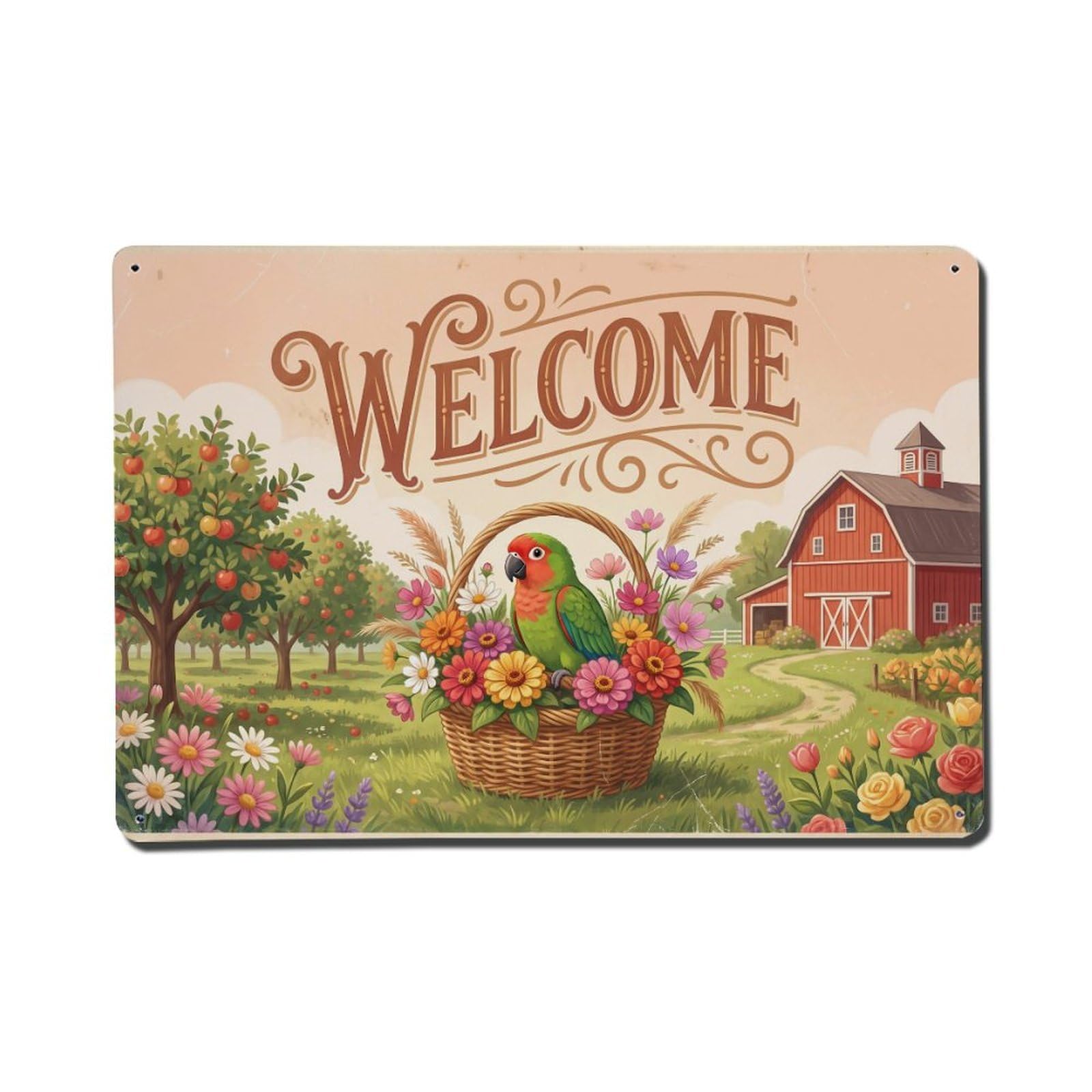 Vintage Welcome Parrot Pastoral Beauty Metal Tin Sign