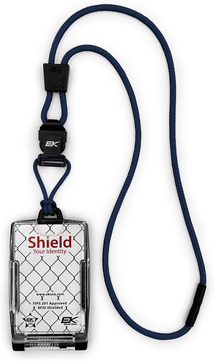 EK USA FIPS 201 One Hander ID Card Holder with Lanyard, Secure Badge Holder for CAC Card, 2 sided – Navy