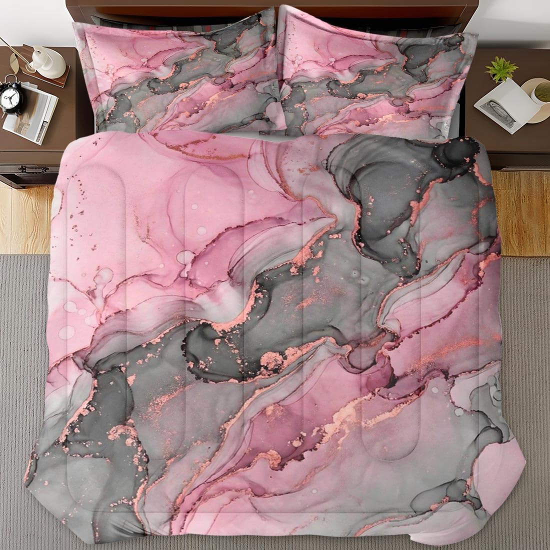Gray Pink Marble Comforter Set King Size, Natural Luxury Golden Abstract Soft Bedding Set with 2 Pillowcases for Adults Bedroom Bed Decor