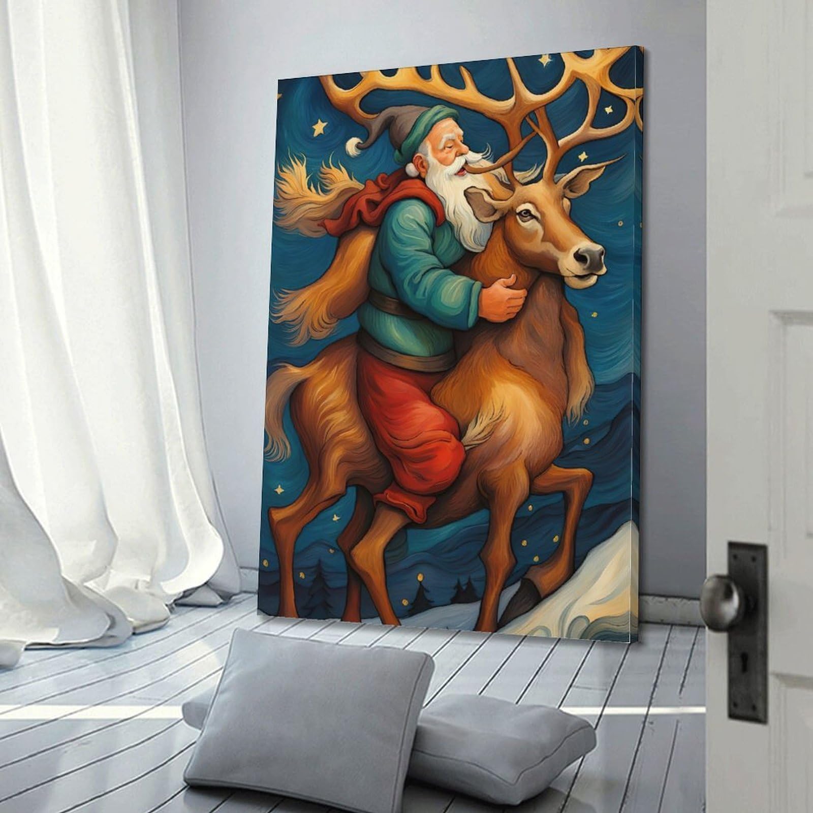 CWLLOG Stampe artistiche da parete su tela, poster per festival, renne che trasportano Babbo Natale, decorazione moderna per soggiorno e camera da letto, 60 x 90 cm