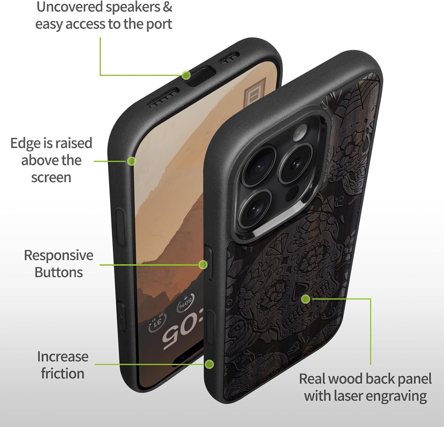 Carveit Magnetic Wooden Case for iPhone 16 Pro Case, Wood Artisan Engraved & Black Soft TPU Shockproof Cover, Compatible with MagSafe Wireless Chargers (Dance of The Sugar Skulls) Blackwood