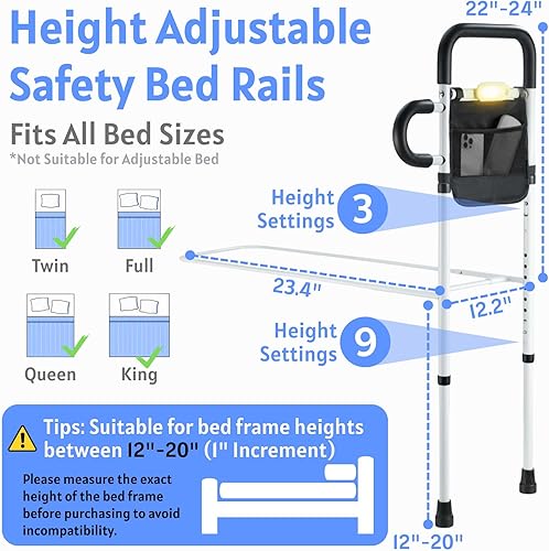 Miniatura 2 de Rieles de cama para adultos mayores, riel de asistencia médica con sensor de movimiento, luz LED y bolsa, barra de cama ajustable, pasamanos de