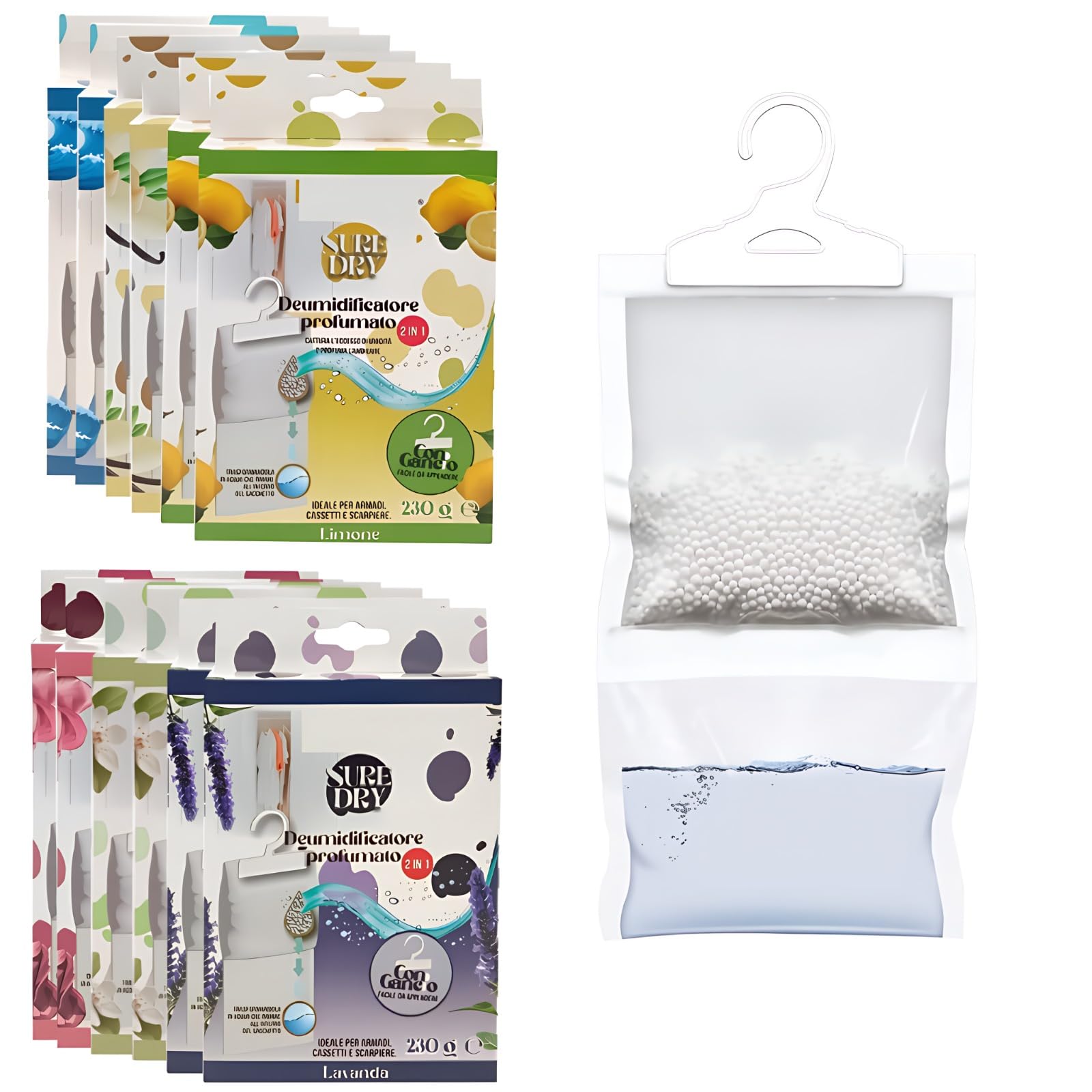 Deumidificatore Casa Profumato – Set da 12 Sacchetti Assorbi Umidità Armadio Appendibili 500ml | Antimuffa per Armadi, Cassetti, Camper Profumatori per Ambienti Chiusi – 6 Fragranze