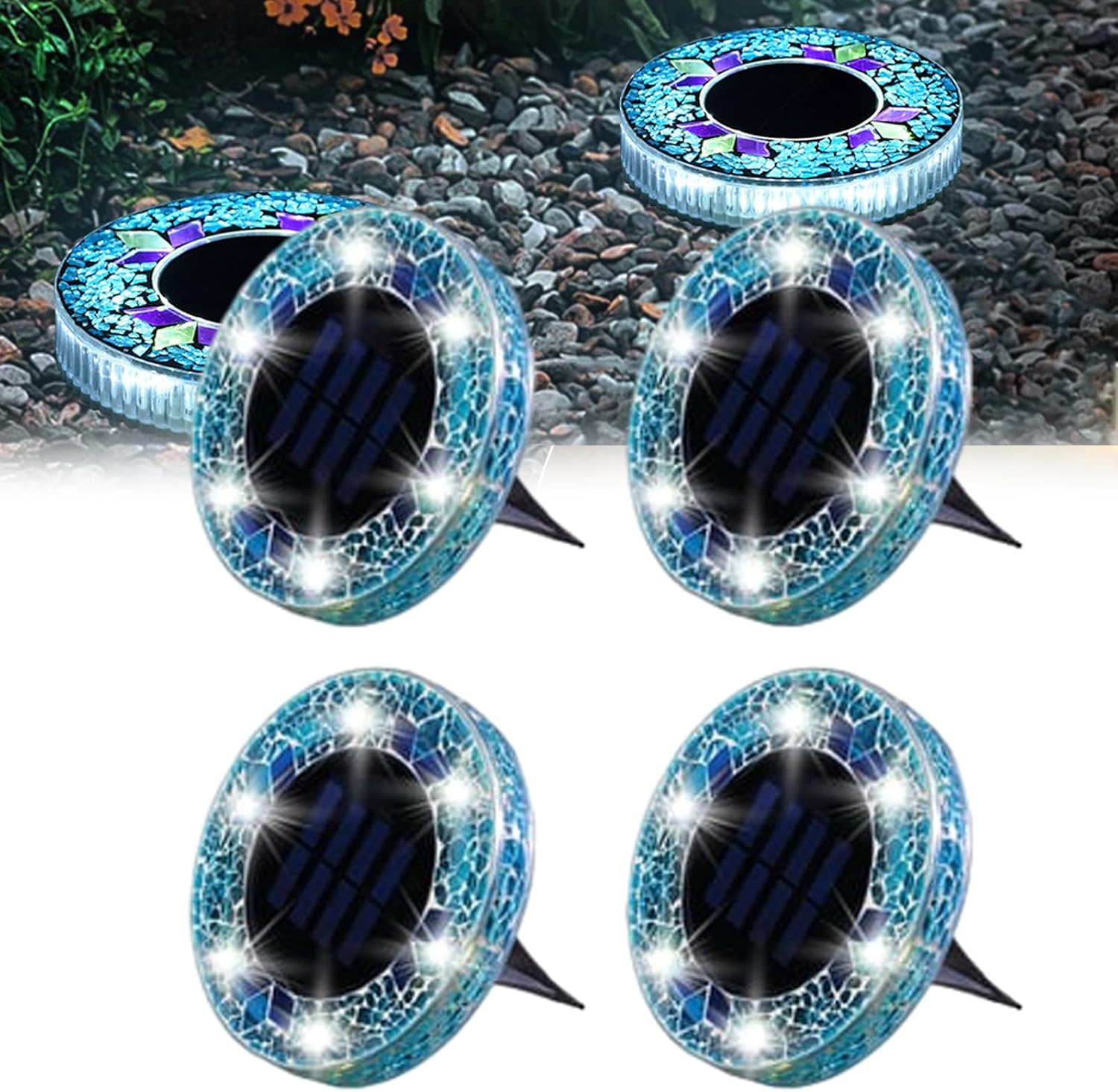 Mosaic Solar Disk Light, Waterproof Outdoor Glass LED Garden Stake Lighting, Colorful Landscape Yard Decor for Walkway, Patio & Lawn, Auto On/Off Decorative Driveway Lamps (Blue-4pcs)