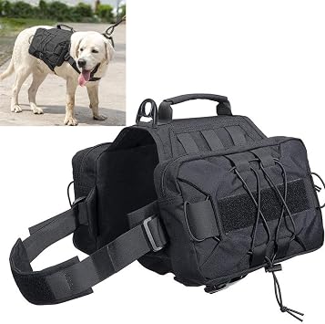Dog Pack Hound Tactical Dog Backpack Dog Saddle Bag Service Dog Vest Harness for Medium & Large Dog Travel Camping Hiking with Handle & 2 Capacious Side Pockets