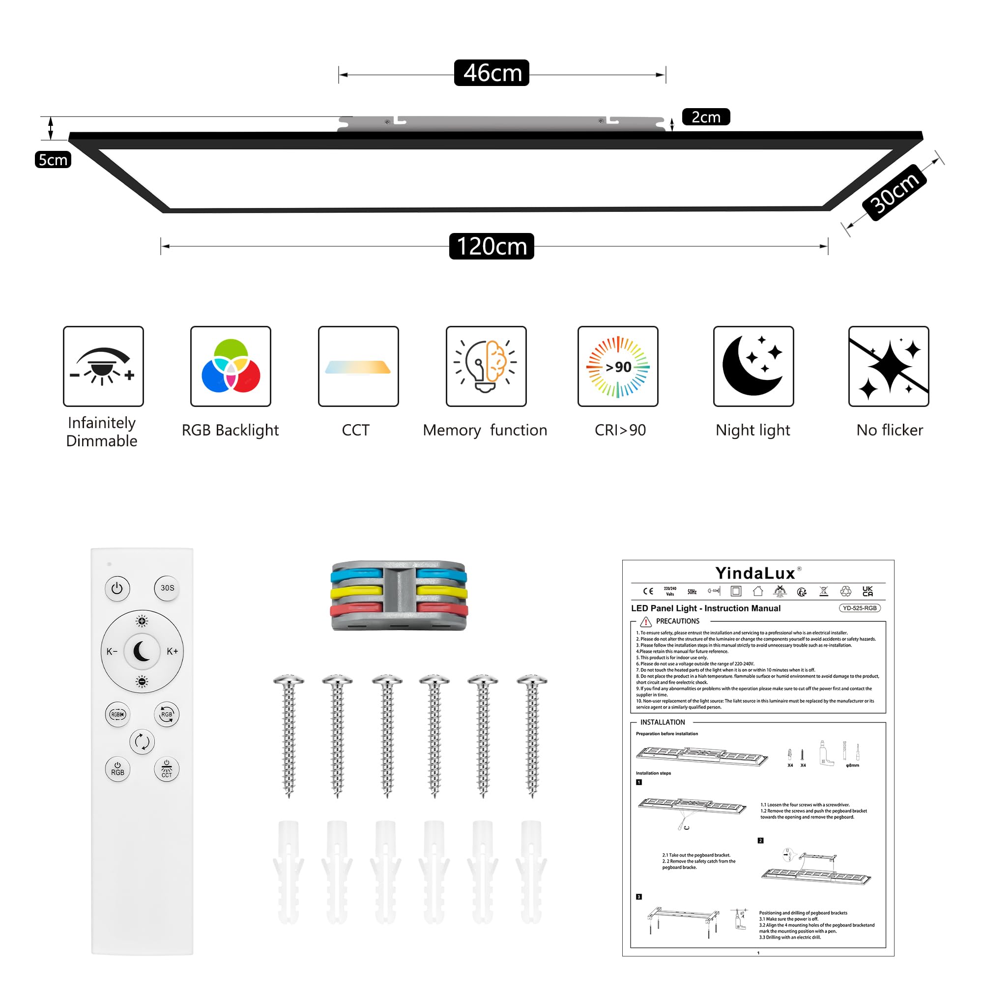 YindaLux Panel sufitowy LED 120 x 30 cm, 40 W, 4000 lm, podświetlenie RGB, ściemnialna lampa sufitowa LED, z pilotem, 2700 K-6500K, lampka nocna + funkcja pamięci, do kuchni, biura, korytarza, czarny