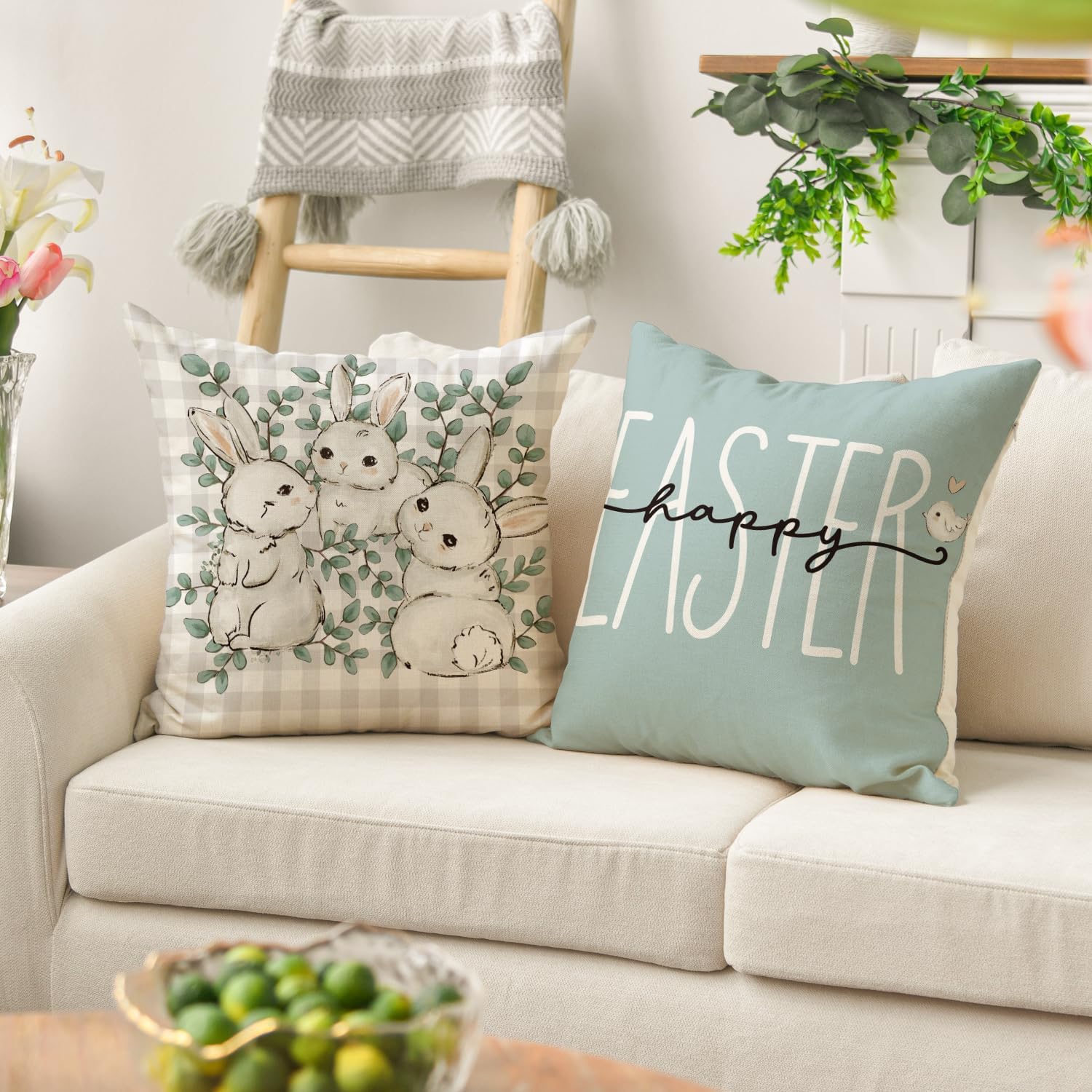 AVOIN colorlife Happy Easter Buffalo Plaid Rabbit Throw Pillow Cover, 16 x 16 Inch Eucalyptus Leaves Hello Spring Cushion Case Decoration for Sofa Couch Set of 4 image 5