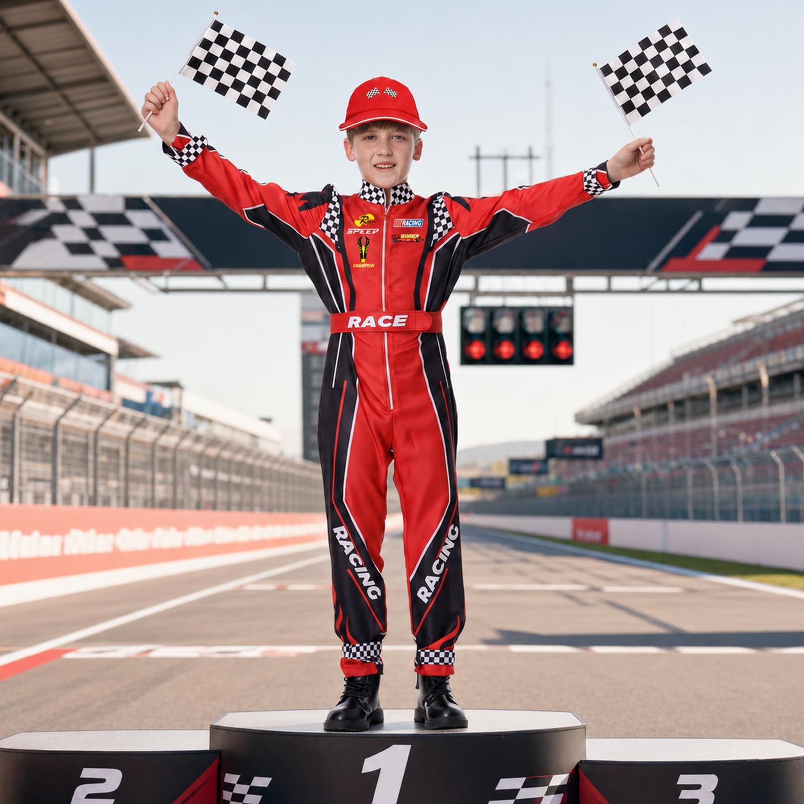 Costume da pilota di auto da corsa Ragazzi Tuta da pilota con berretto per auto Bambini Vestiti per Halloween