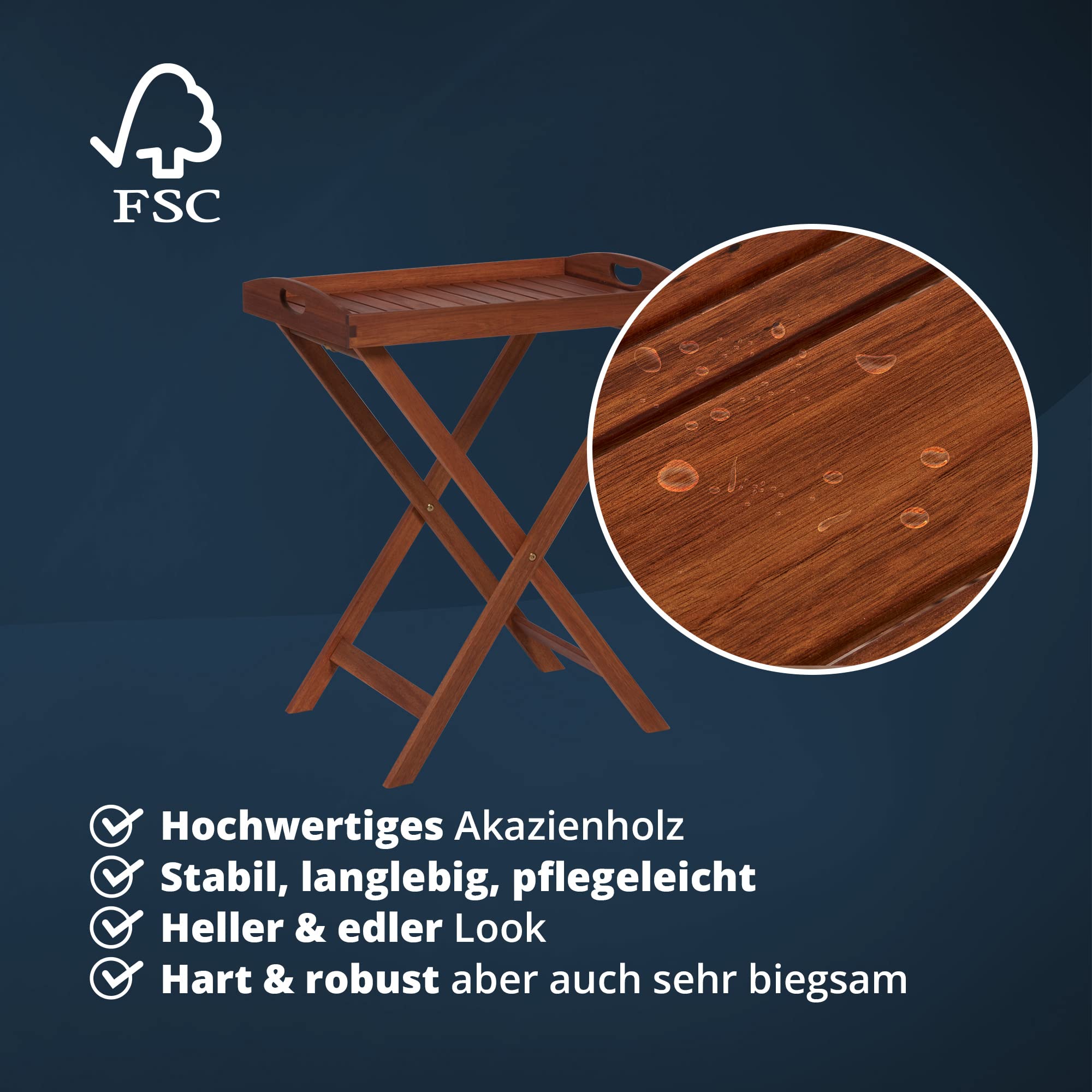 KHG Beistelltisch aus Akazien-Echtholz mit abnehmbarem Tablett mit Schüttrand, tragbar, klappbar, wetterfest, In- & Outdoor, Abstelltisch 20 kg belastbar, Dunkelbraun