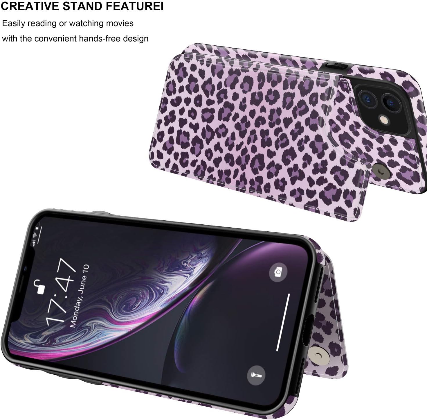 LETO for iPhone 11 Case,Leather Wallet Case with Fashion Floral Flower Designs for Girls Women,with Kickstand Card Slots Cover,Protective Phone Case for Apple iPhone 11 6.1" Purple Leopard