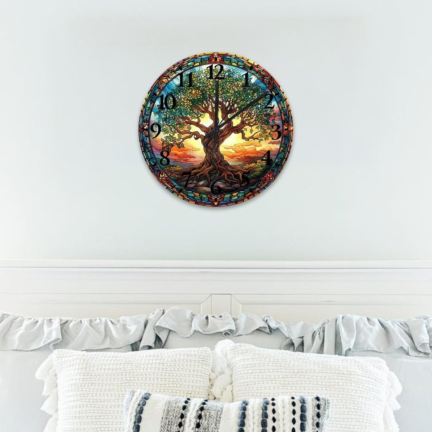 Wood Wall Clocks Non-Ticking Sweep Movement Tree of Life Stained Glass Modern Wood Clocks Garden Stained Art Wall Decor for Restroom Patio Pool 12 Inch