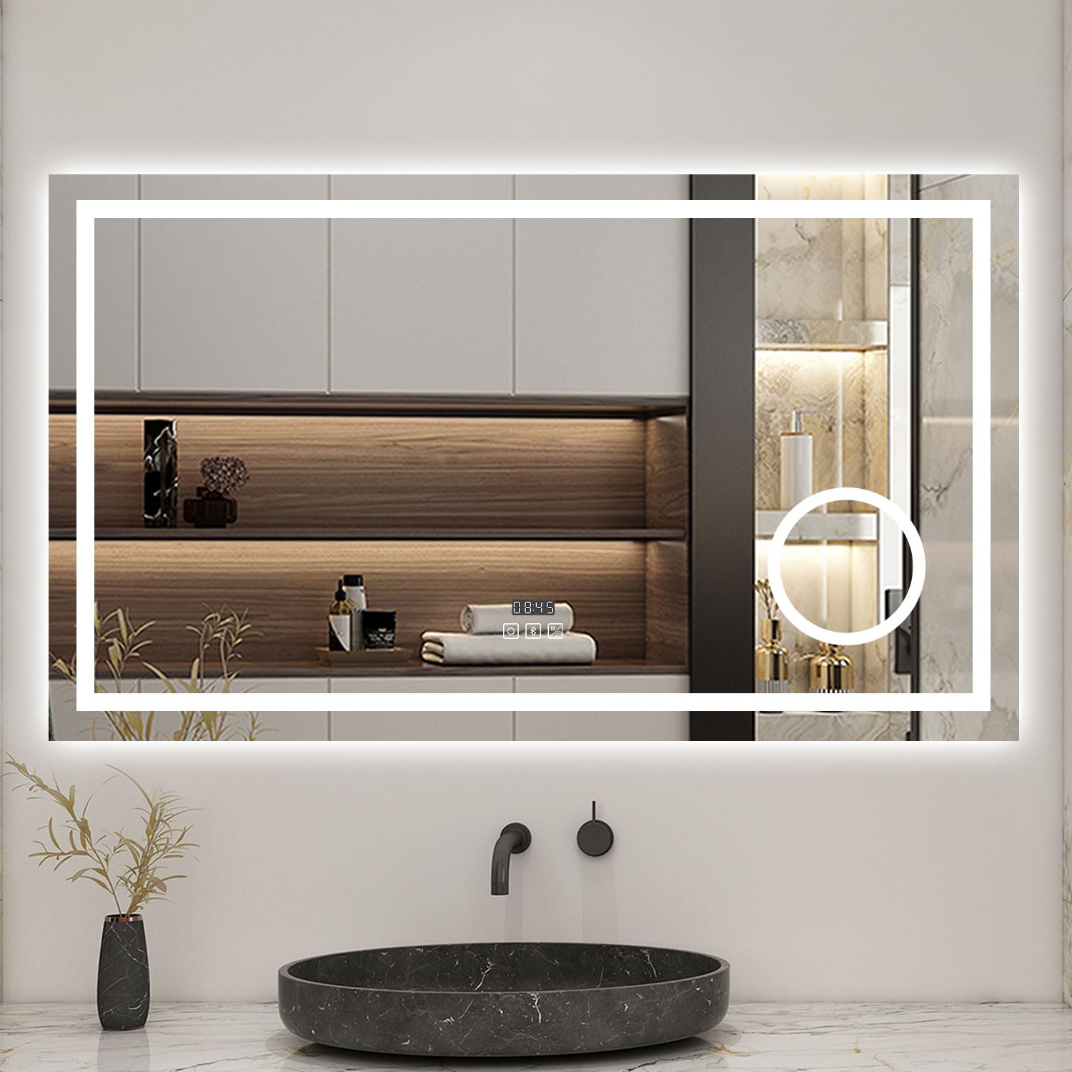 Miroir Lumineux LED Tactile avec Miroir Grossissant et Horloge pour Maquillage