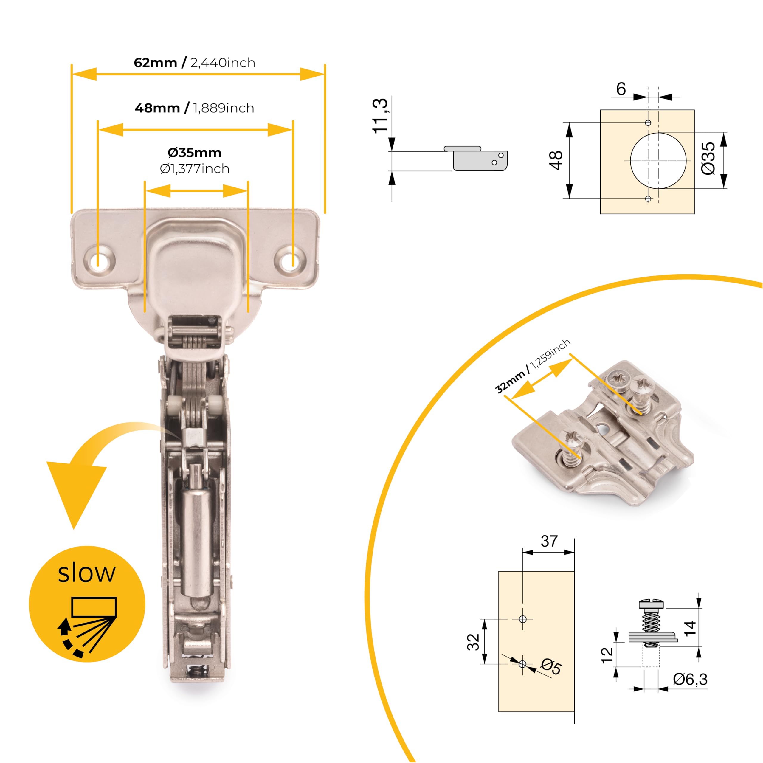 Emuca - Pack de 20 bisagras súper codo x91. Ø35mm. Apertura 105°, cierre suave para puerta arremetida y suplementos Euro con regulación excéntrica, Color Níquel.