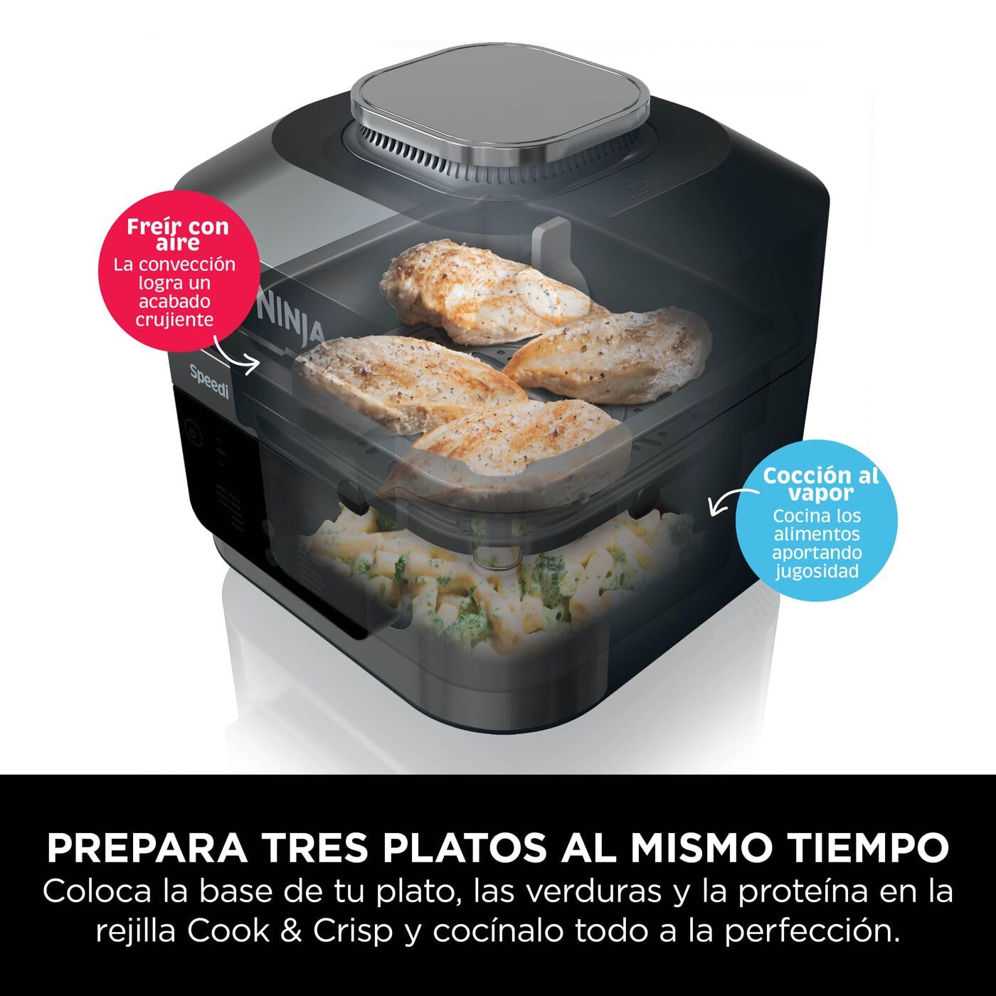 Ninja Speedi Olla Exprés Multifunción Rápida, Olla Eléctrica con Freidora Aire 5,7L, 10 en 1, Freidora sin Aceite, Horno, Cocción Lenta, al Vapor y más, 4 Porciones en 15min, Negro ON500EU