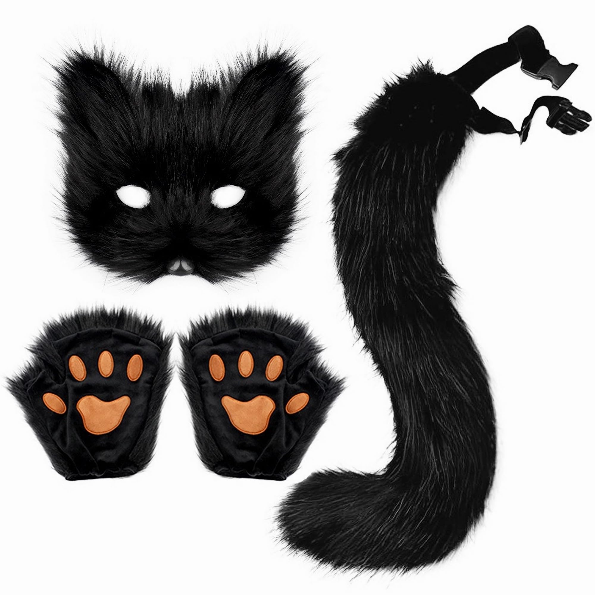 Therian Mask Tail Gloves Paw Set Animal Gear Cat Fox Wolf Masks Dress Up Cosplay Party Women Furry Faux Fur Fingerless (Pure Black)