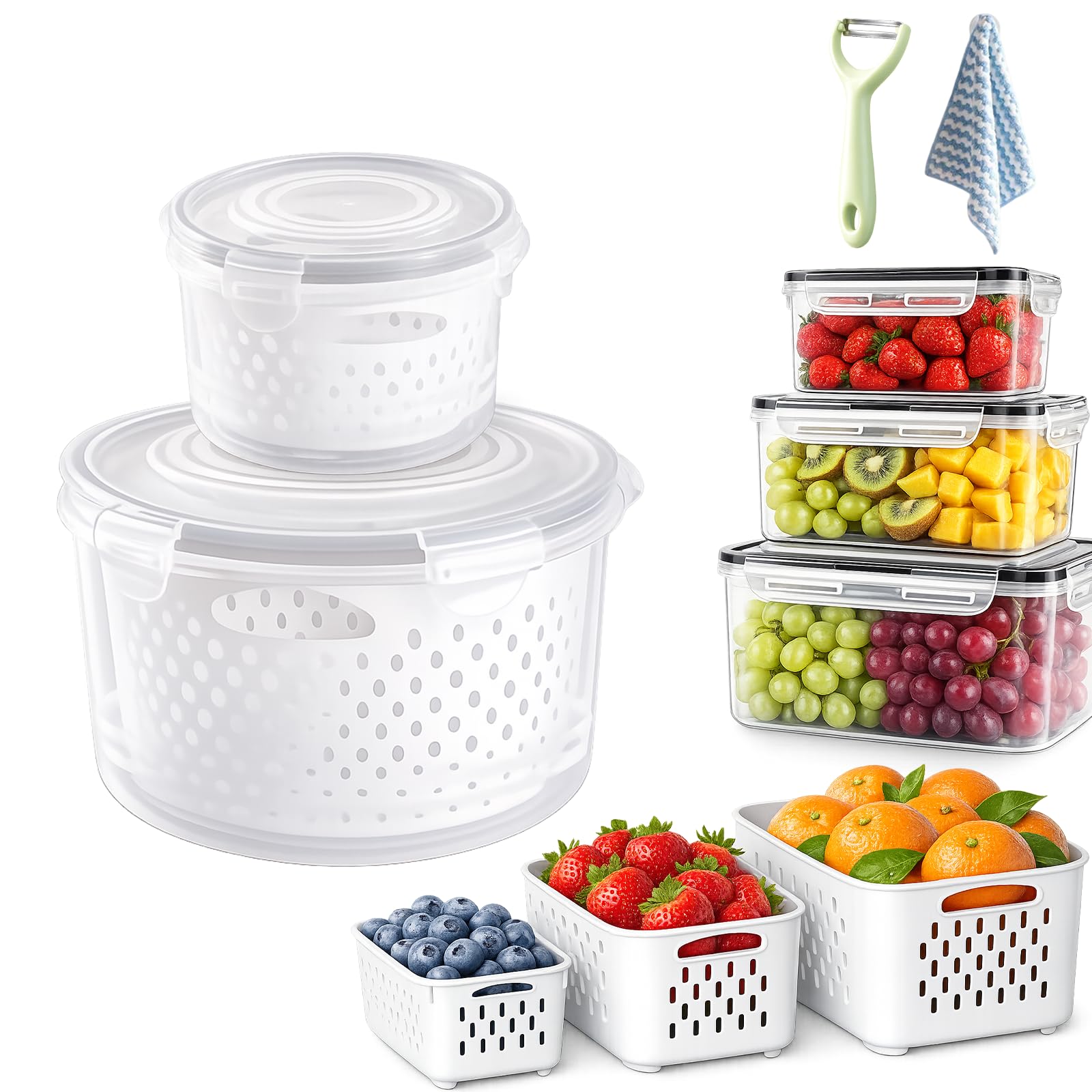4-in-1 Produce Storage Containers, Fruit Storage Containers for Fridge with Removable Colander & Lid, Airtight Plastic Food Box with Drain Basket for Vegetable & Kitchen Organization (Round,S+L)
