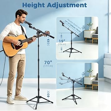 GUITTO Microphone Floor Stand for Tablet/Phone Holder, Adjustable Boom Mic Stand with Heavy-Duty Base, Dual Device Mount for Streaming, Podcasting, Recording, and Live Performances GMS-04