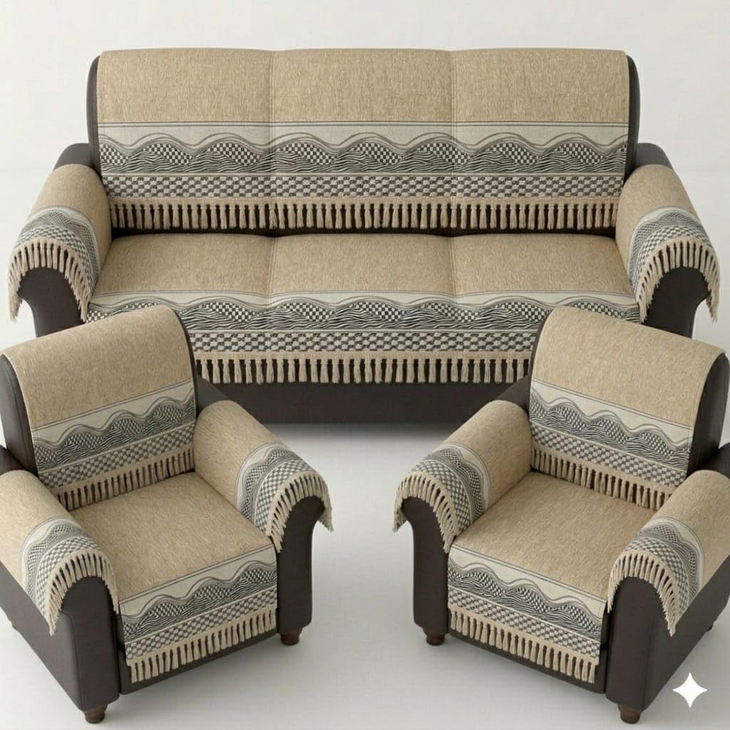 Kanum Soft Cotton Sofa Cover Set with Tassels | Decorative Armrest and Seat Cover Throw for Living Room Bedroom Office Furniture Protection (Wave Lace Beige, 3+1+1 Seater)-image-39