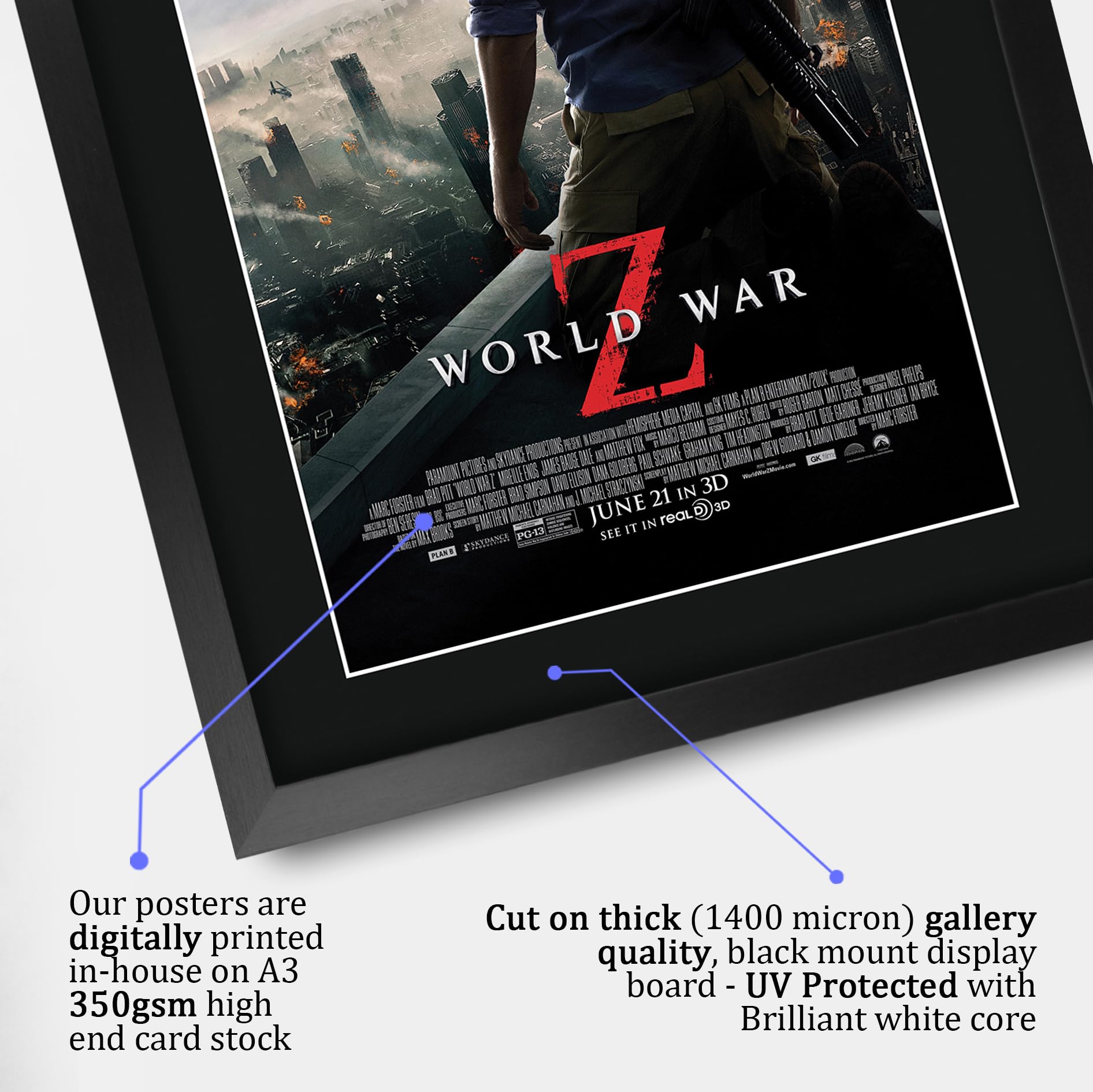 HWC Trading World War Z 2013 Brad Pitt Geschenke Geduckter Poster Signiertes Autogramm Foto für Fans von Film Memorabilien - A3 Gerahmt