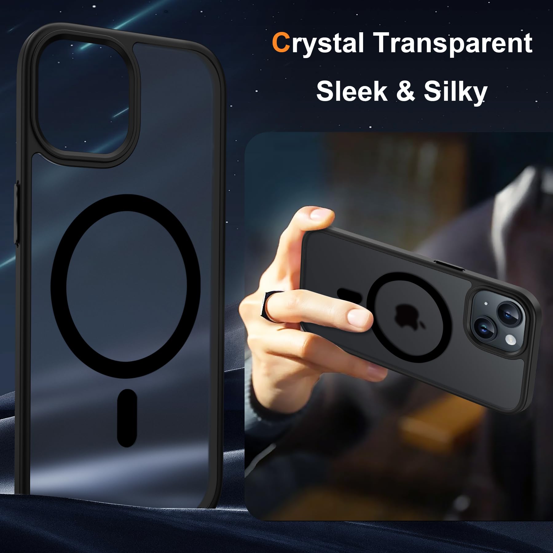 ORETECH Magnetica Cover per iPhone 15 Plus Custodia iPhone 15 Plus con 2 Pezzi Pellicola Protettiva in Vetro Temperato & 1 Pezzi Pellicola Fotocamera Antiurto Ultra Sottile Hard PC Cover-Nero