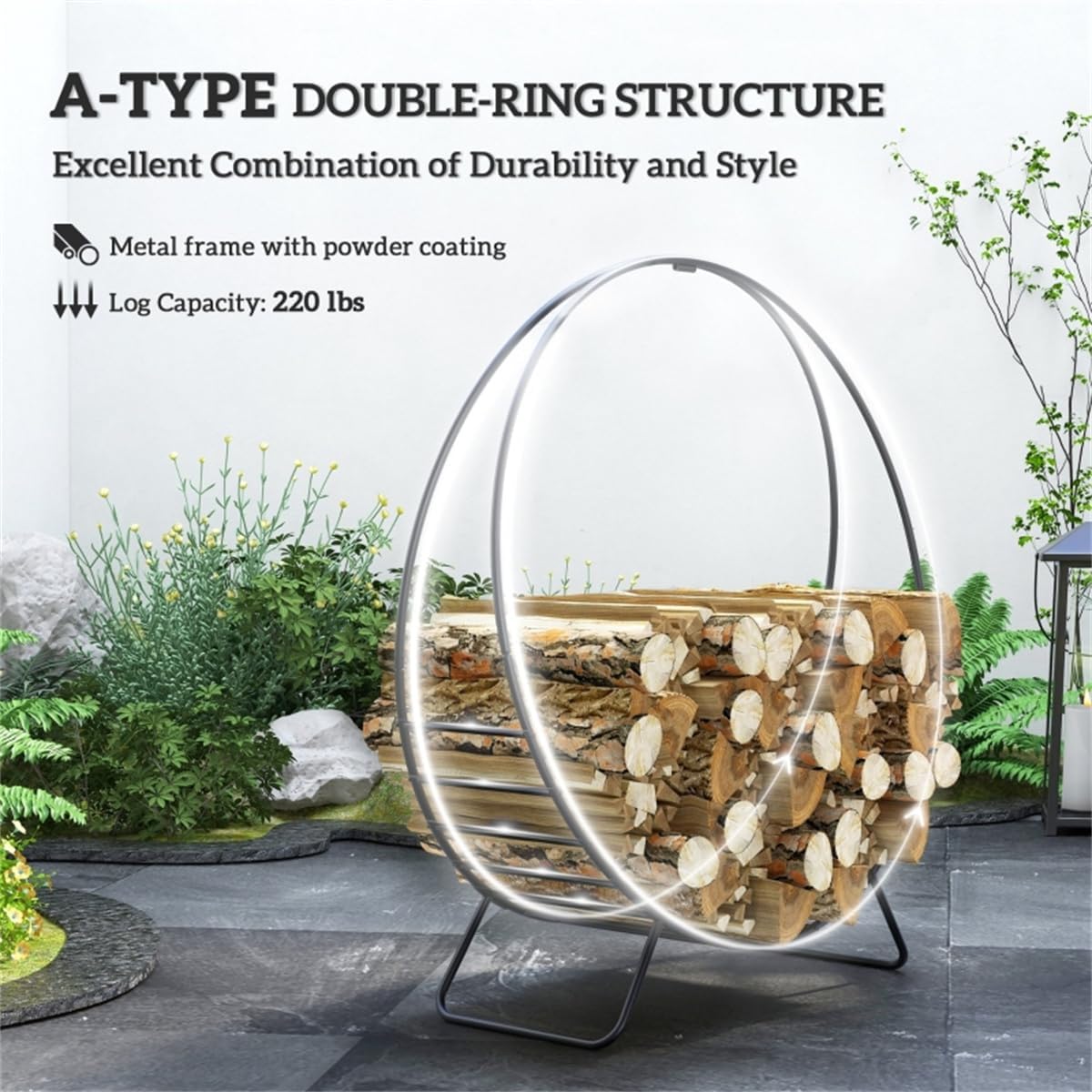 43Inch Heavy Duty Firewood Log Rack Hoop with Cover Round Fire Wood Storage Rack 220lbs Capacity 40.2" x 15" x 43.3" for Indoor Outdoor Yard Farm Patio